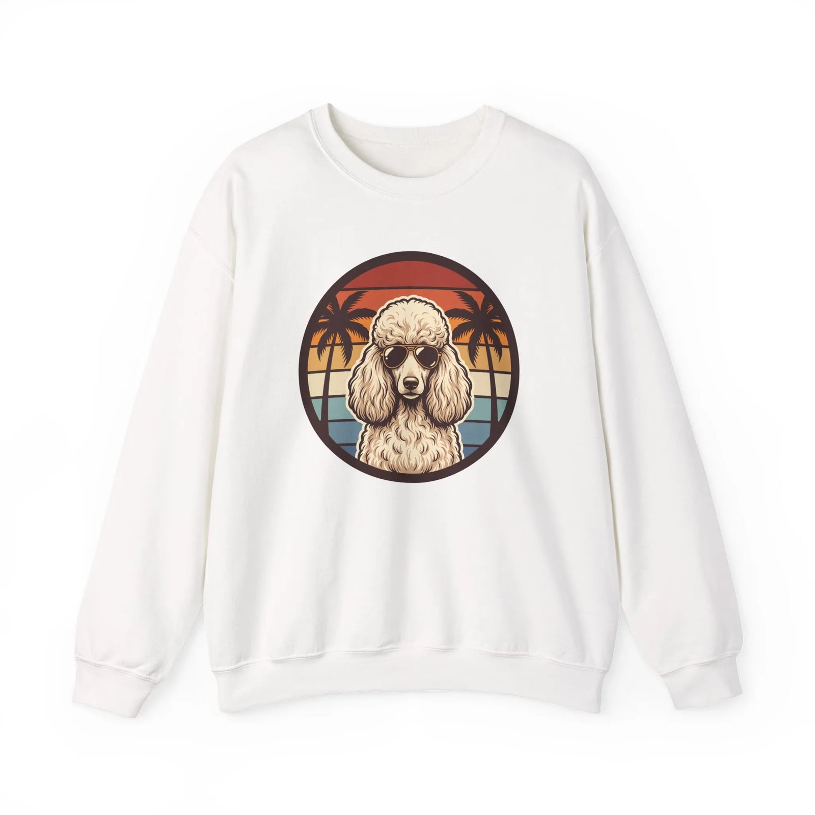 70s Sunset Poodle Aviators Graphic Sweatshirt - Heavy Blend Cotton-Poly Crewneck - Unisex White