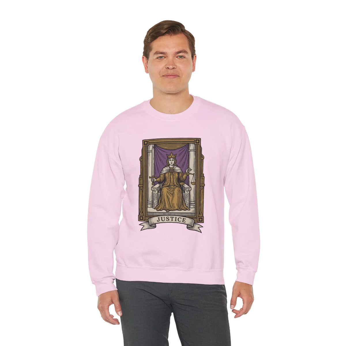 Justice Tarot Card Sweatshirt - Heavy Blend Cotton Poly Crewneck - Unisex White