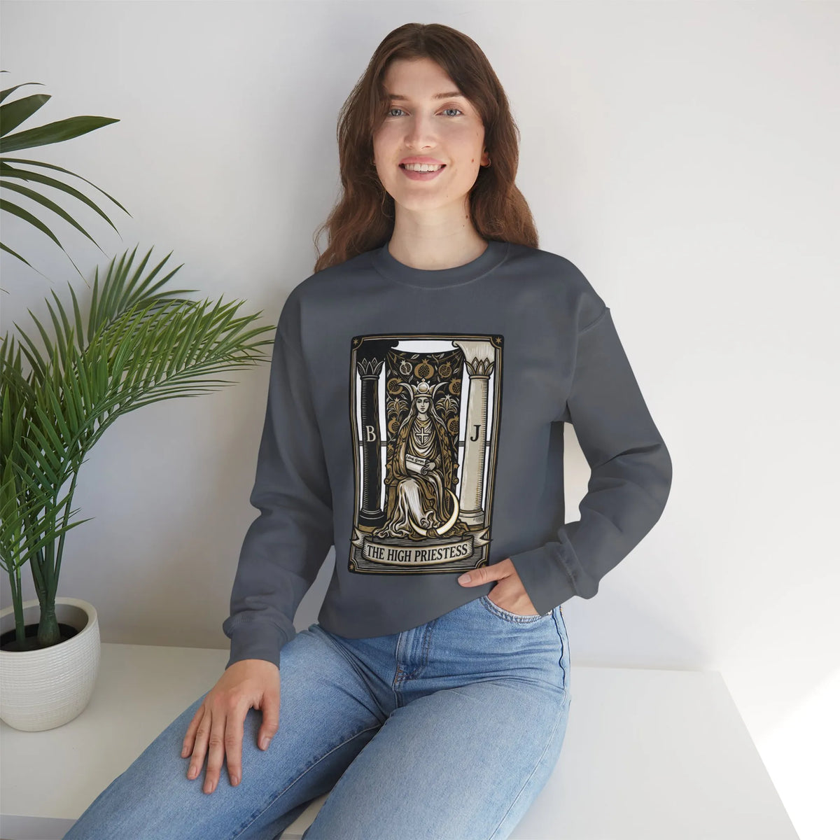 The High Priestess Tarot Card Sweatshirt - Heavy Blend Fleece Crewneck - Unisex White
