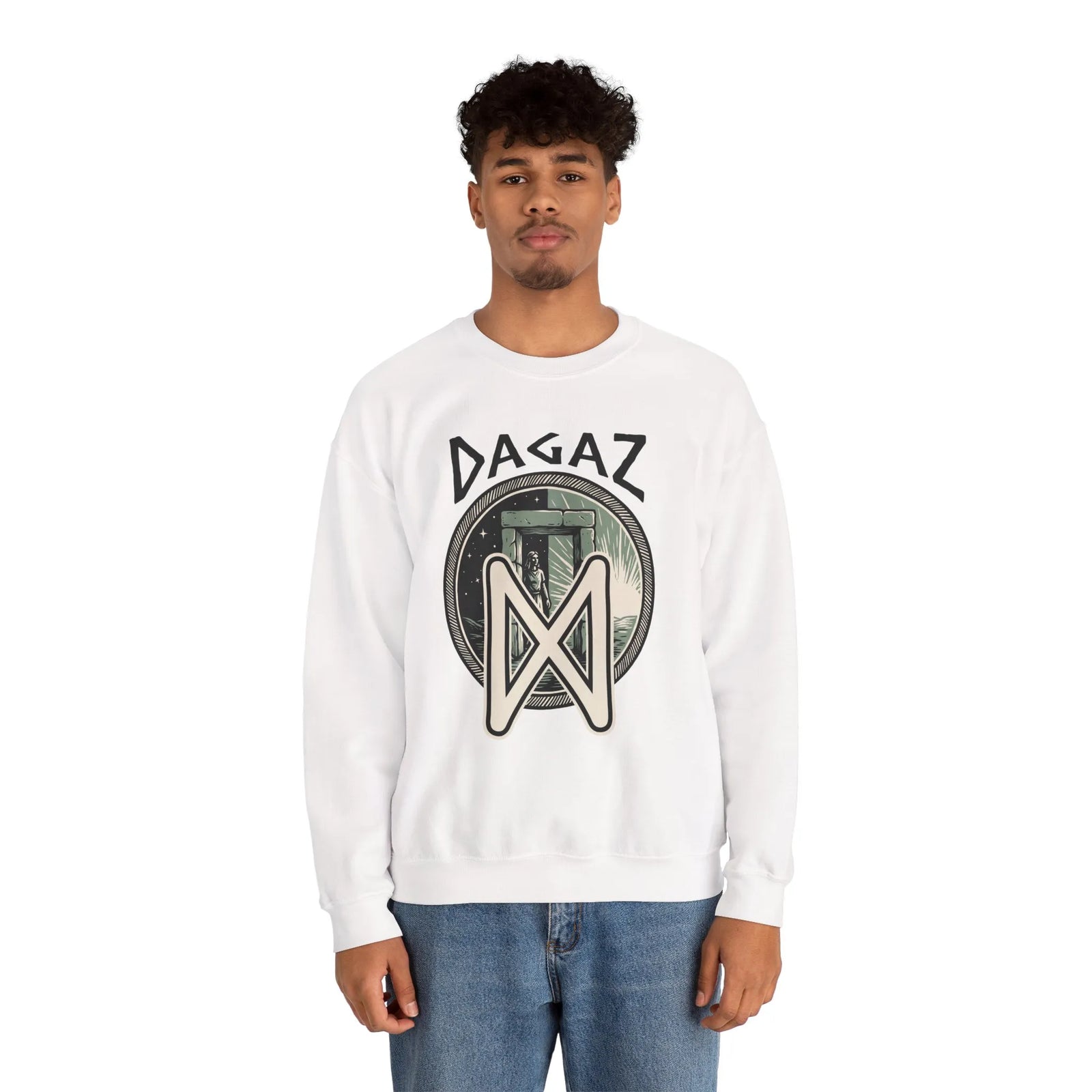Dagaz Rune Dawn Dusk Graphic Sweatshirt - Heavyweight Cotton Poly Blend Crewneck - Unisex White