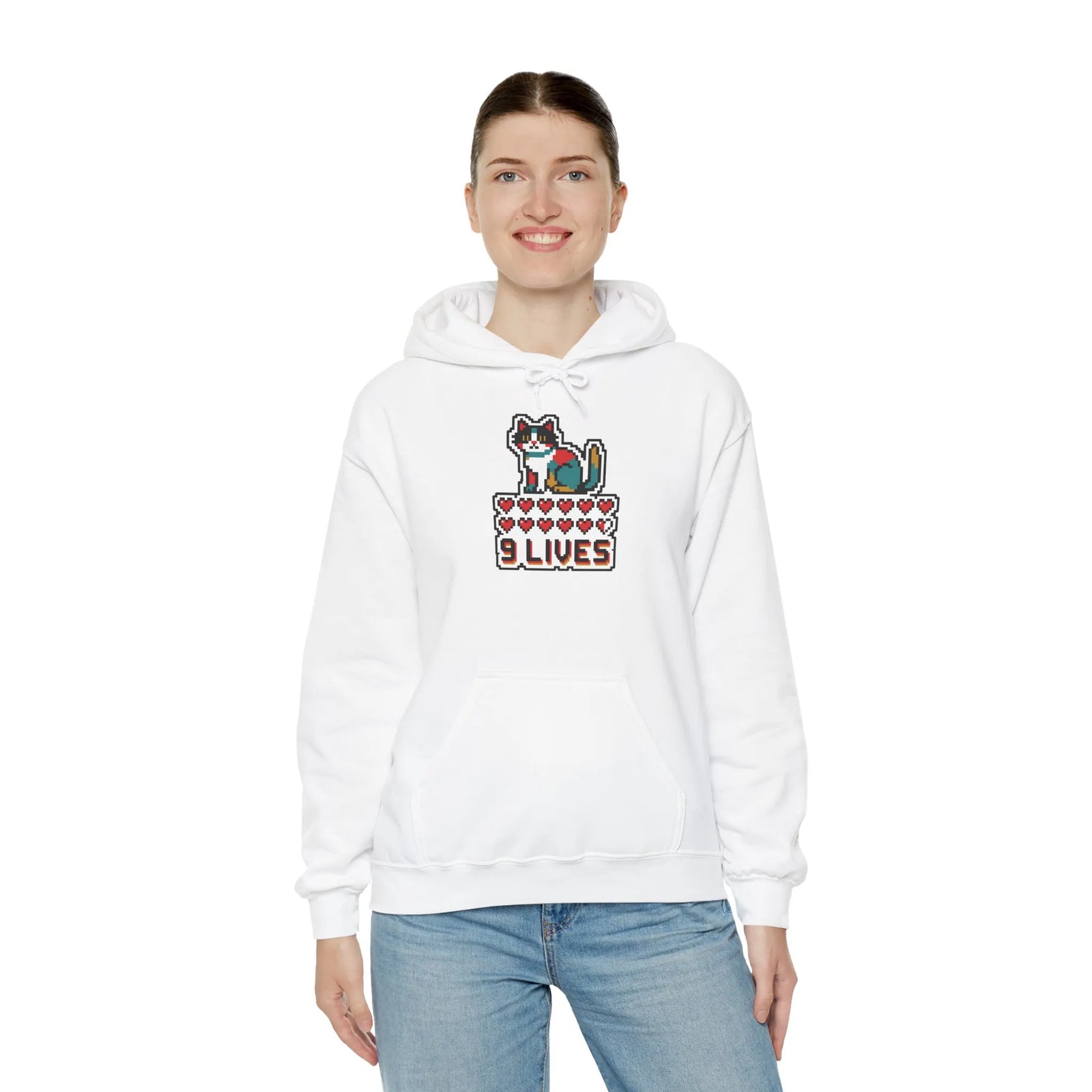 8-Bit Pixel Gaming Cats Hoodie - Heavy Blend Cotton Blend Fleece Pullover - Unisex White