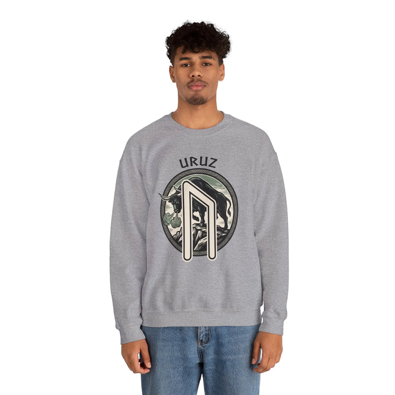 Uruz Rune Bull Norse Mythology Sweatshirt - Heavy Blend Cotton Poly Crewneck - Unisex White