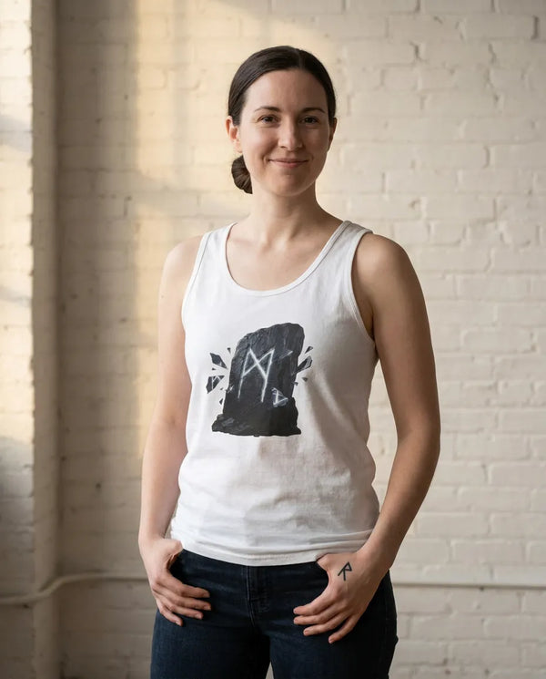 Mannaz Rune Stone Graphic Tank Top - Soft Ringspun Cotton Retail Fit - Unisex White