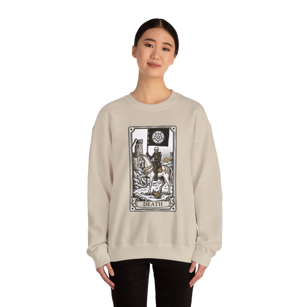 Tarot Death Card Graphic Sweatshirt - Heavy Blend Classic Fit Crewneck - Unisex White