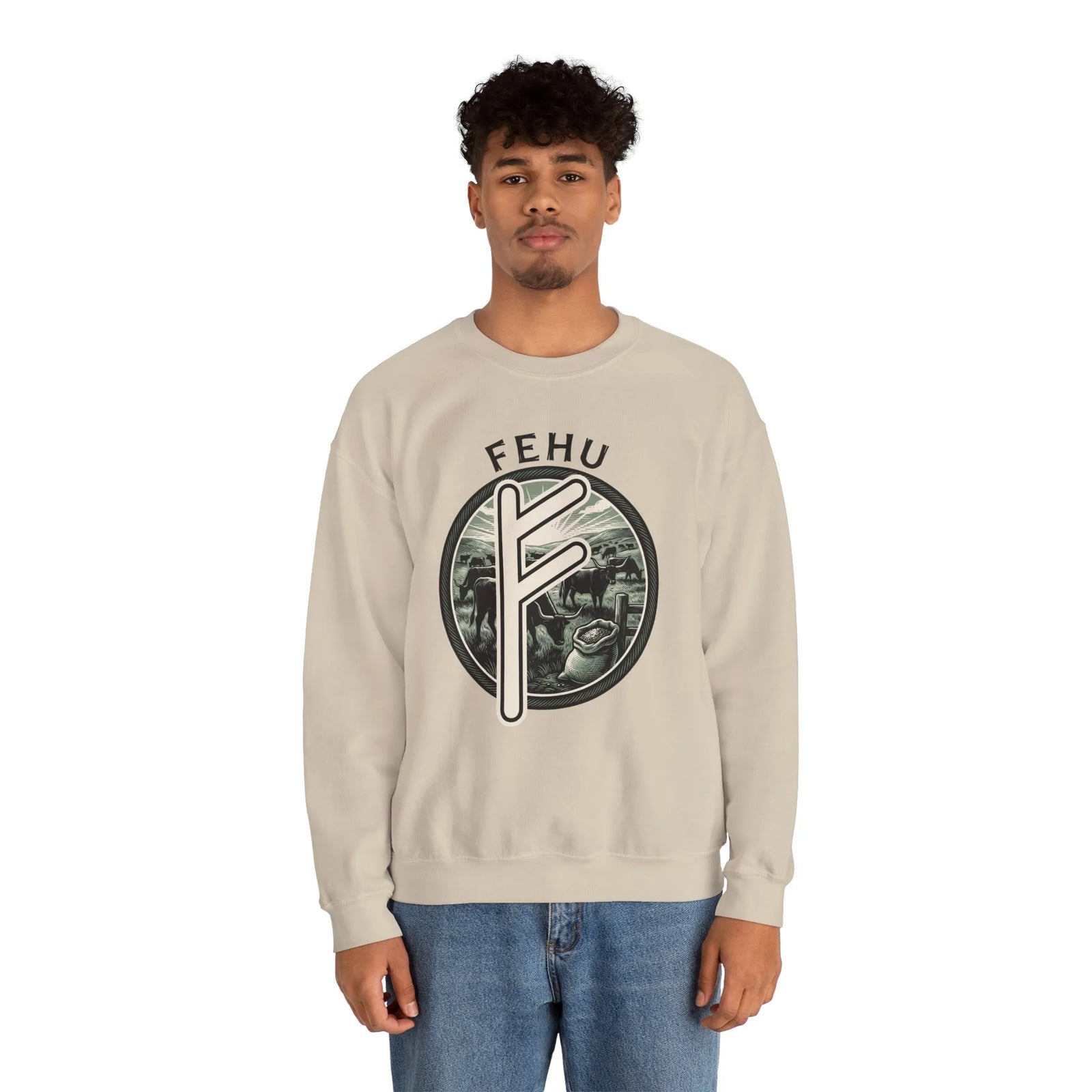 Fehu Rune Wealth Graphic Sweatshirt - Heavyweight 50/50 Fleece Crewneck - Unisex White