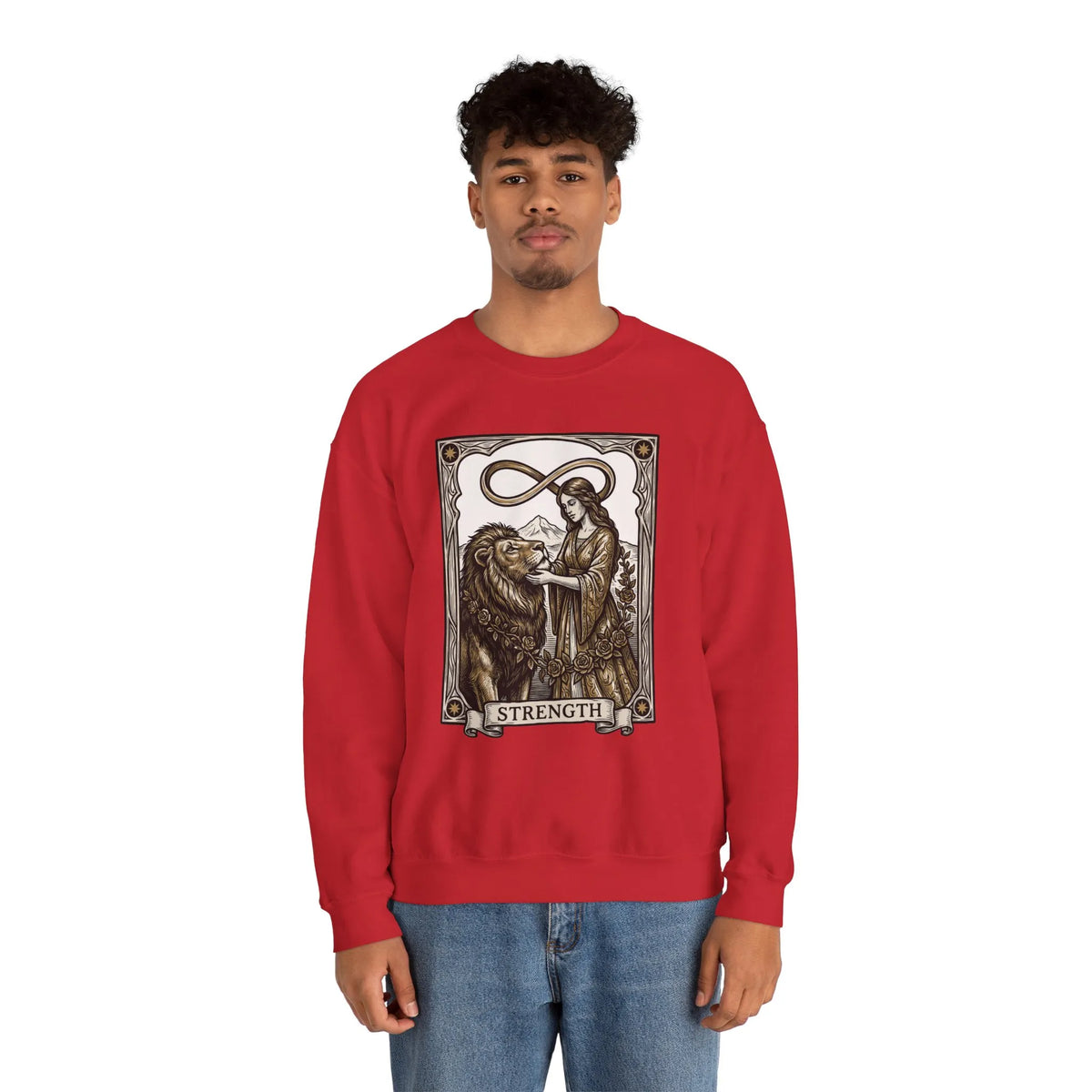 Strength Tarot Card Sweatshirt - Heavy Blend Crewneck Fleece - Unisex White
