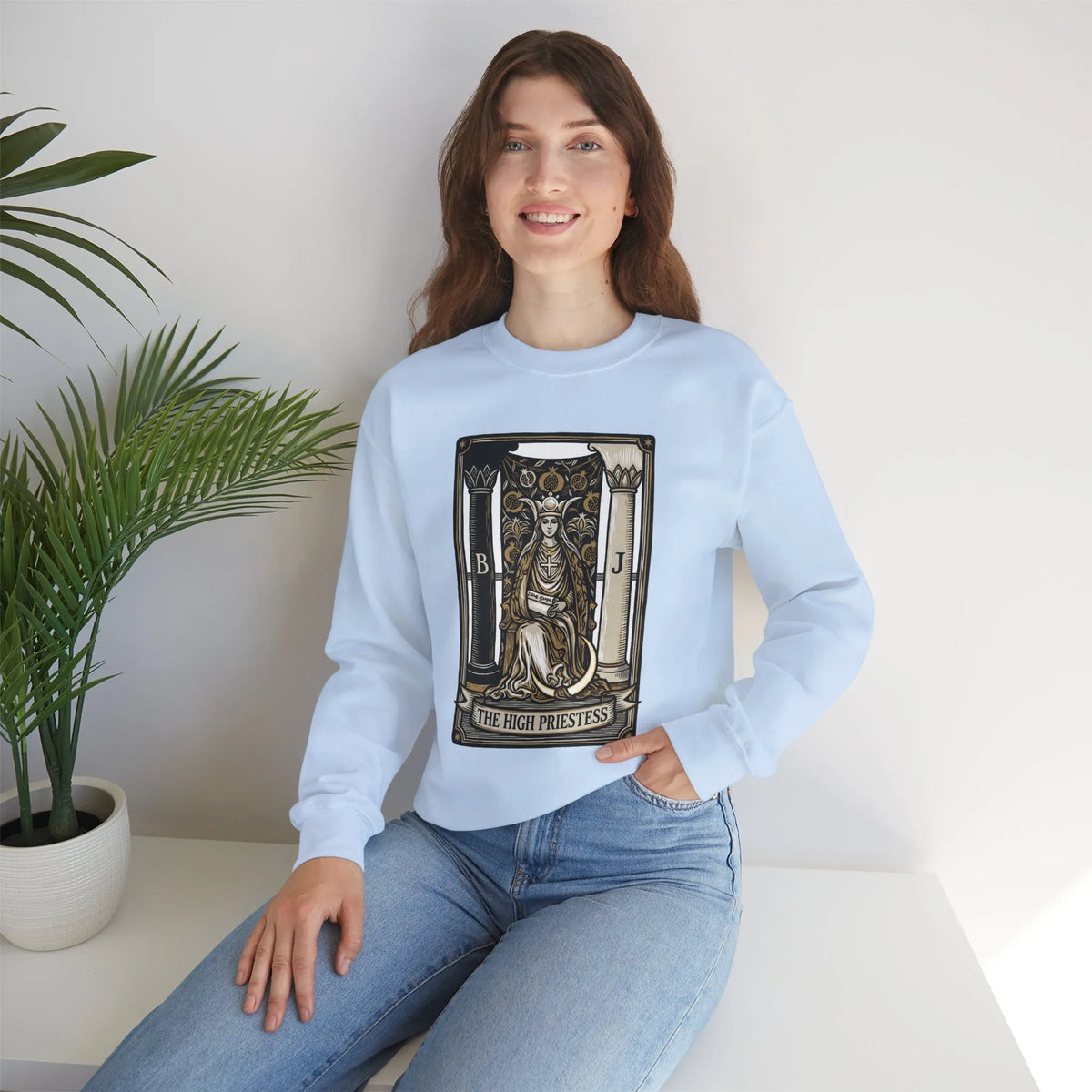 The High Priestess Tarot Card Sweatshirt - Heavy Blend Fleece Crewneck - Unisex White