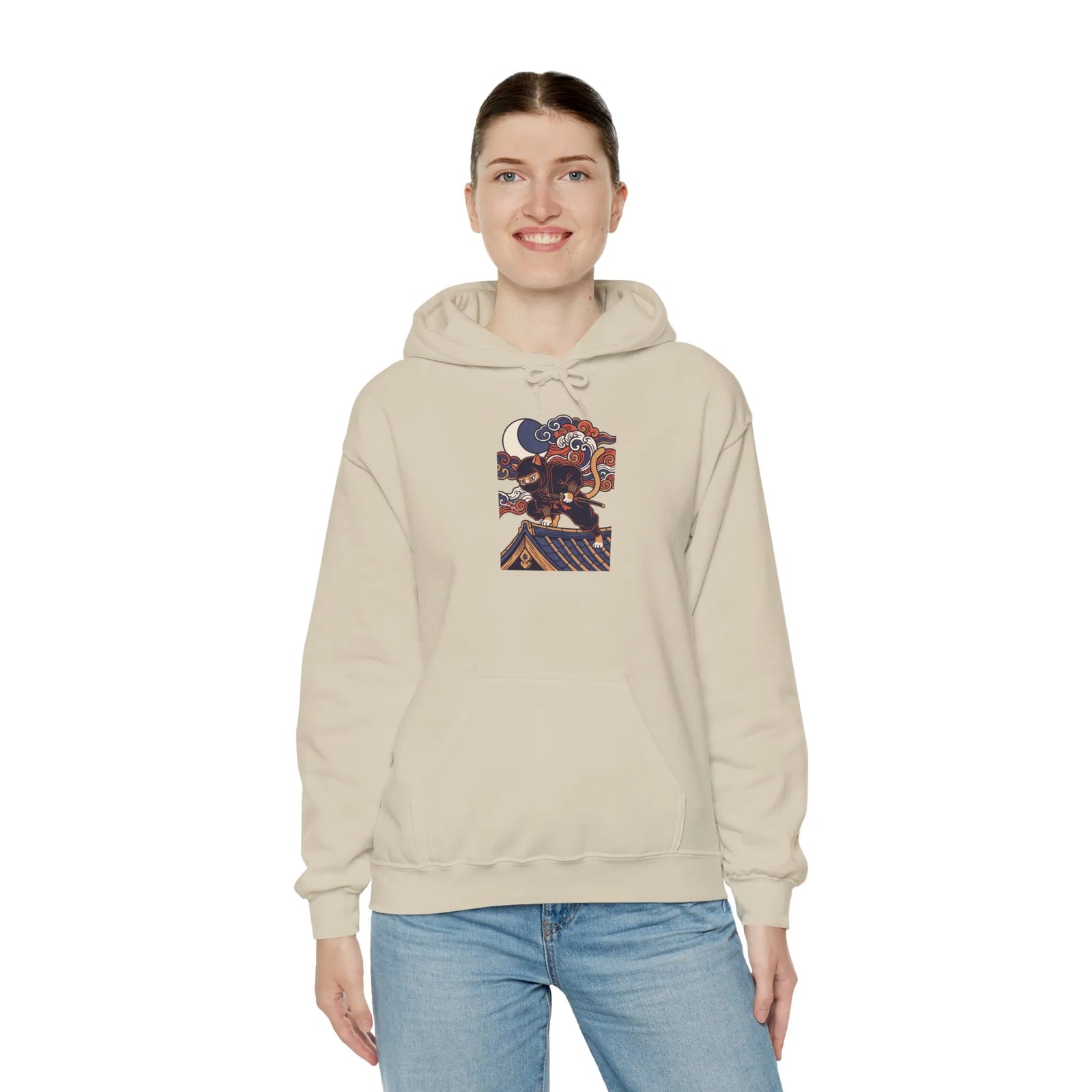 Ninja Cat Ukiyo-e Samurai Hoodie - Soft Fleece Blend Pullover - Unisex White