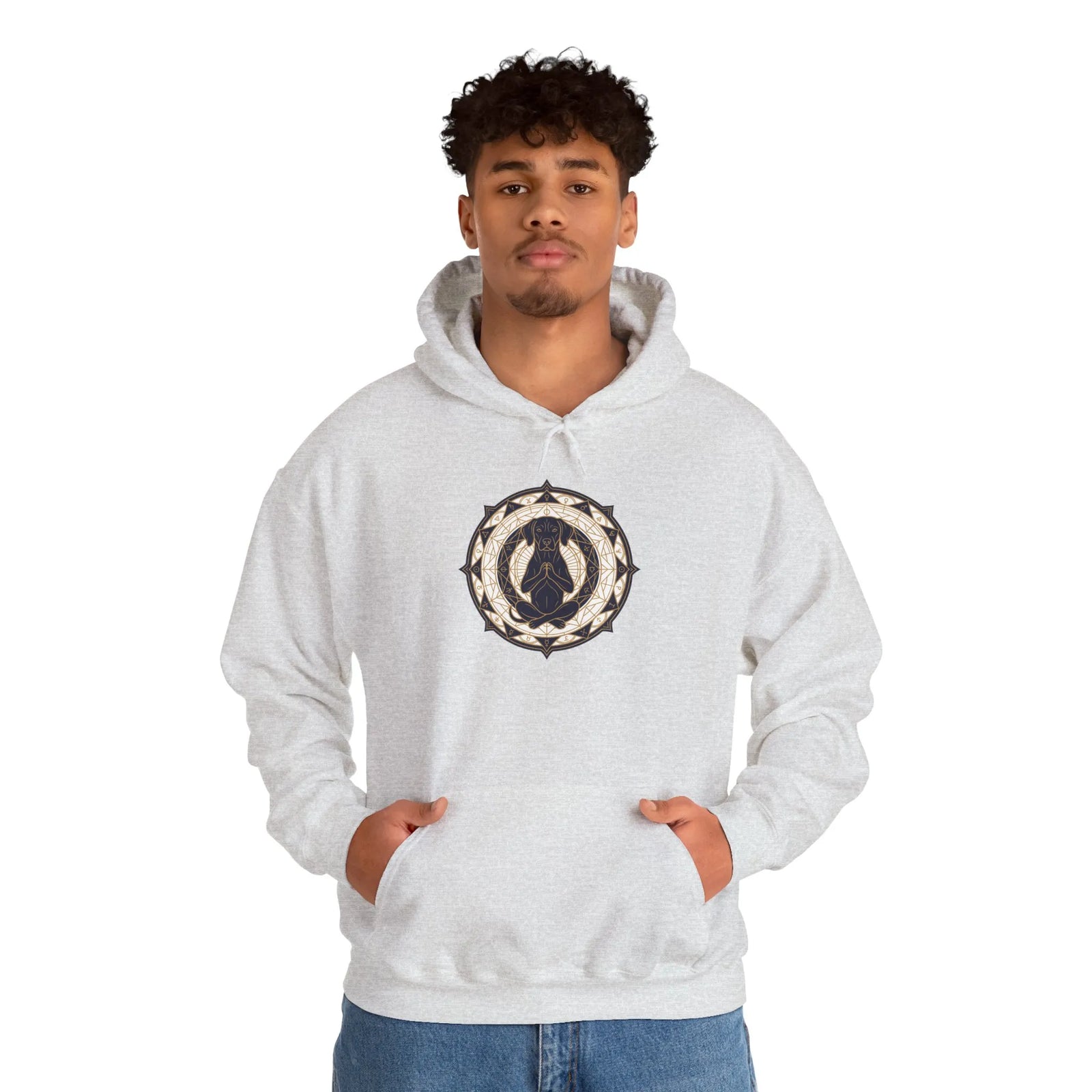 Meditating Dog Sacred Geometry Hoodie - Heavy Blend Cotton Poly Fleece - Unisex White