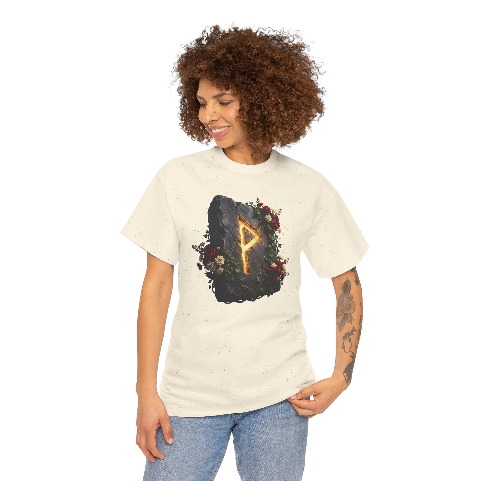 Wunjo Rune Floral T-Shirt - Heavy Cotton Classic Fit Tee - Unisex White
