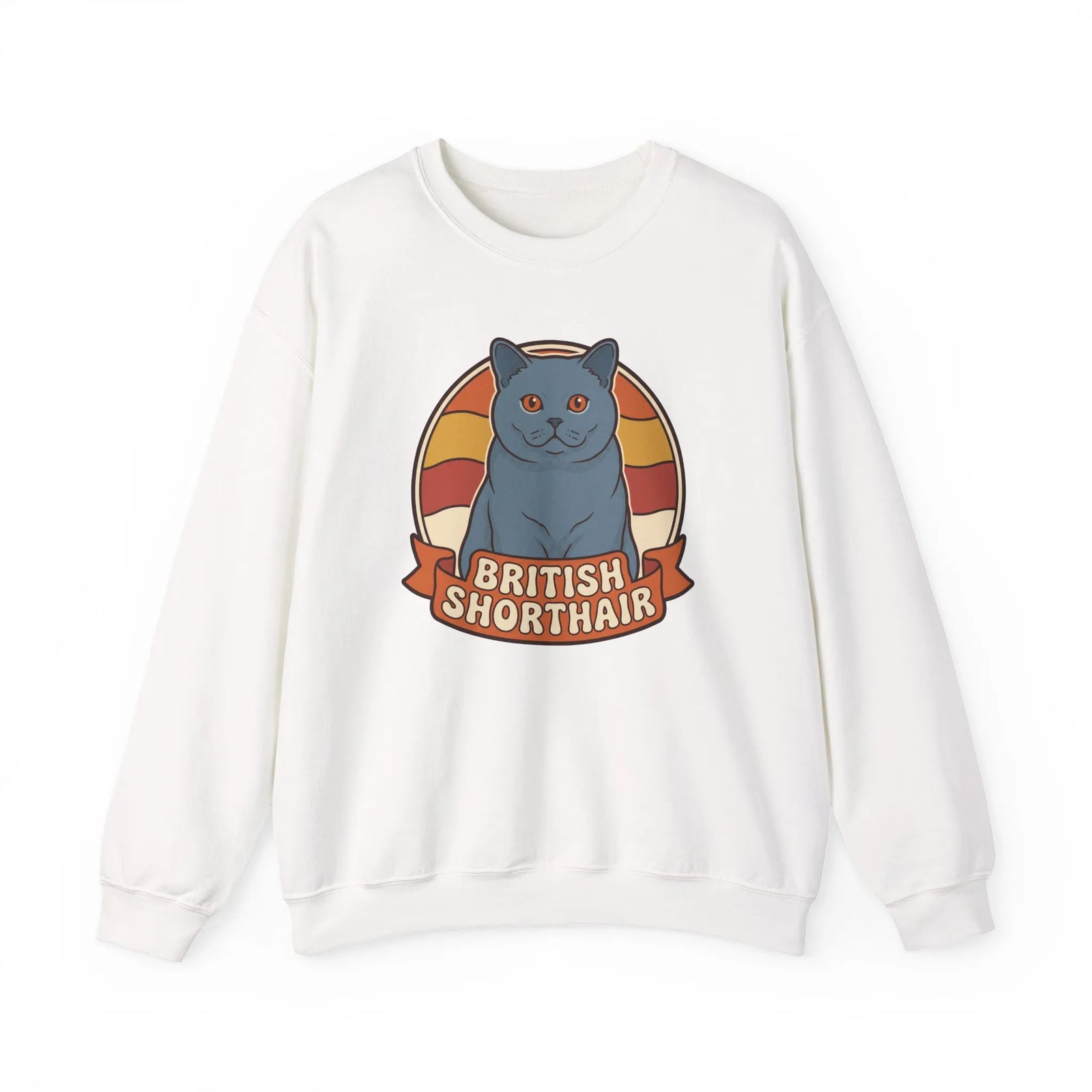 British Shorthair Retro Sunset Cat Sweatshirt - Heavy Blend Fleece Crewneck - Unisex White