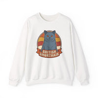 British Shorthair Retro Sunset Cat Sweatshirt - Heavy Blend Fleece Crewneck - Unisex White