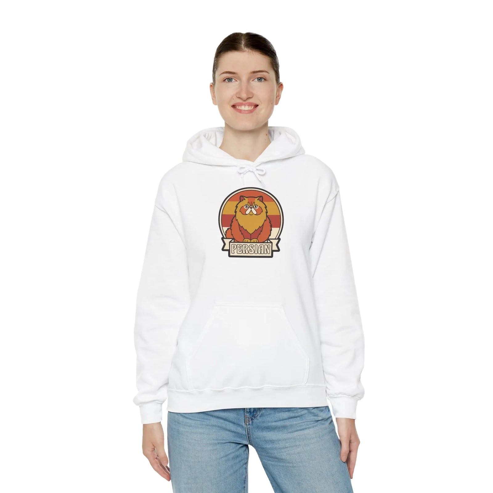 Retro 70s Persian Cat Sunset Hoodie - Cotton Poly Blend Fleece Pullover - Unisex White