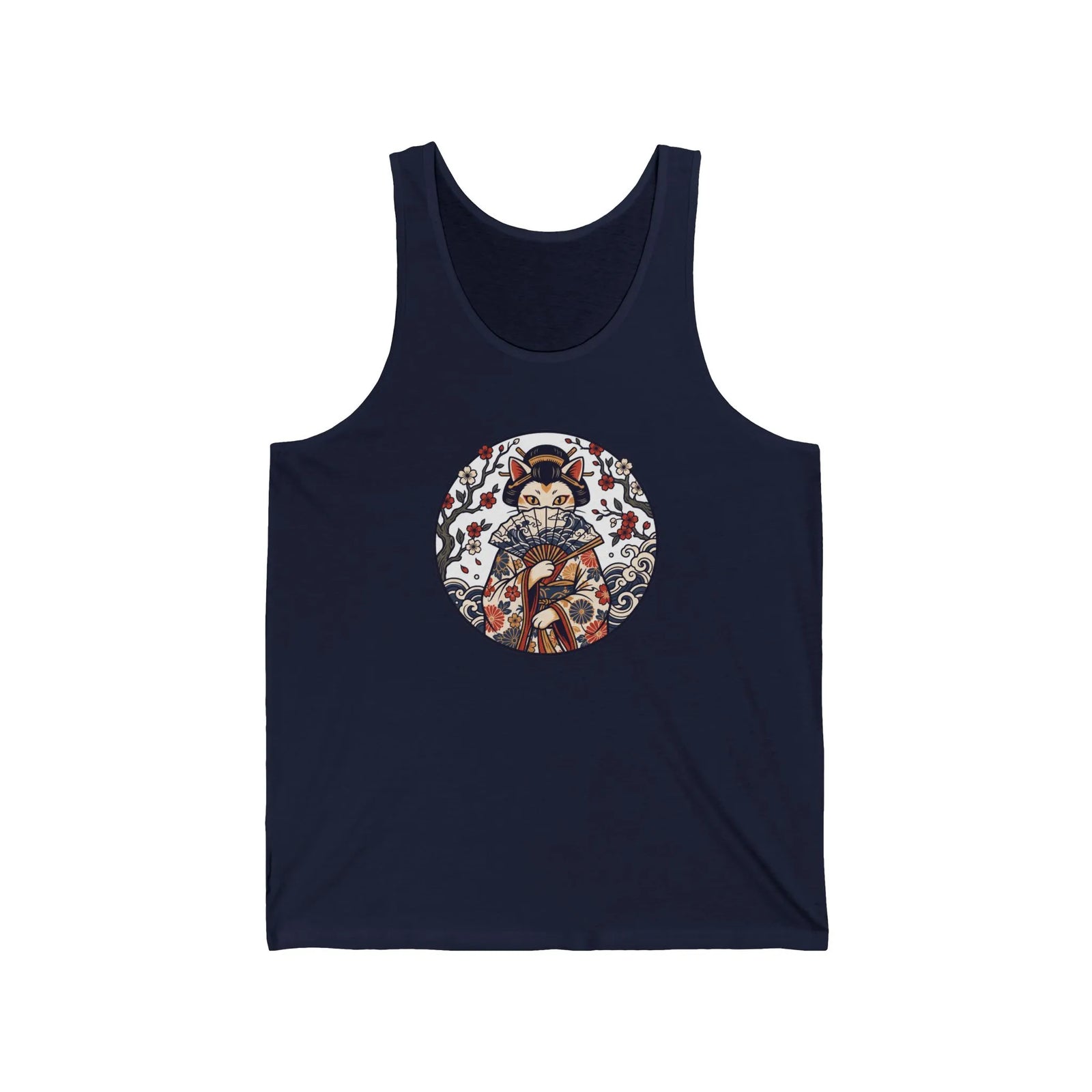 Fan Dancer Ukiyo-e Samurai Cats Tank Top - Soft Lightweight Ring-Spun Jersey - Unisex White