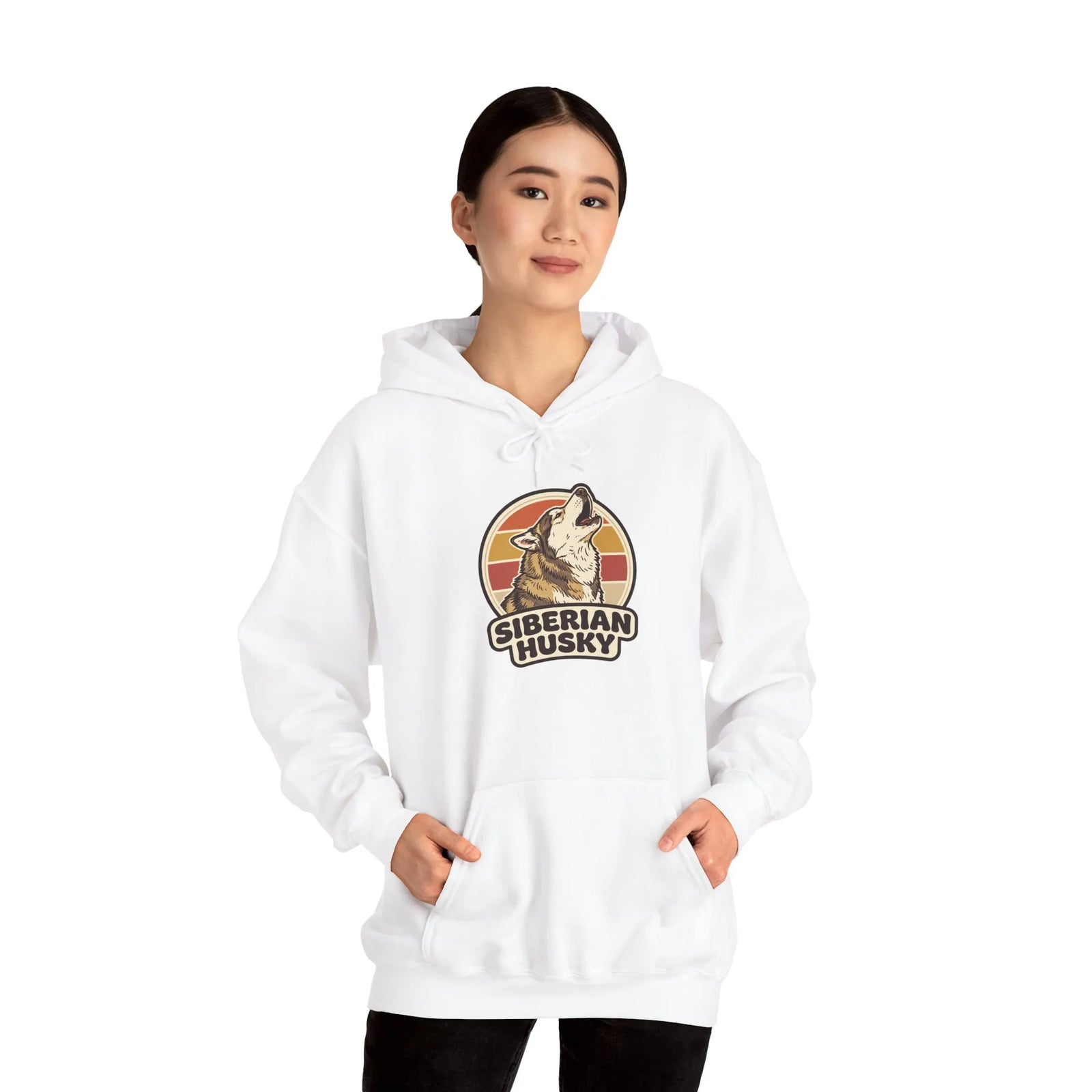 Siberian Husky Retro 70s Sunset Hoodie - Medium-Heavy Fleece Pullover - Unisex Ash