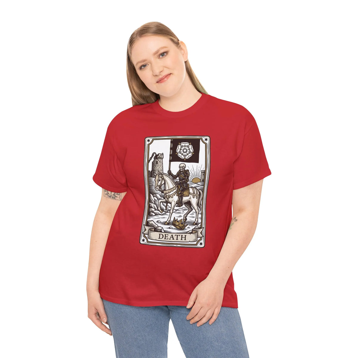 Death Tarot Card Knight Graphic T-Shirt - Heavyweight 100% Cotton Classic Fit Tee - Unisex White