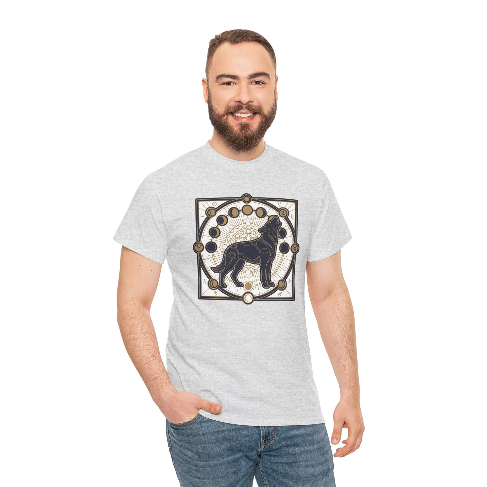 Sacred Geometry Spirit Dog Howl T-Shirt - Heavyweight Cotton Classic Fit Tee - Unisex White