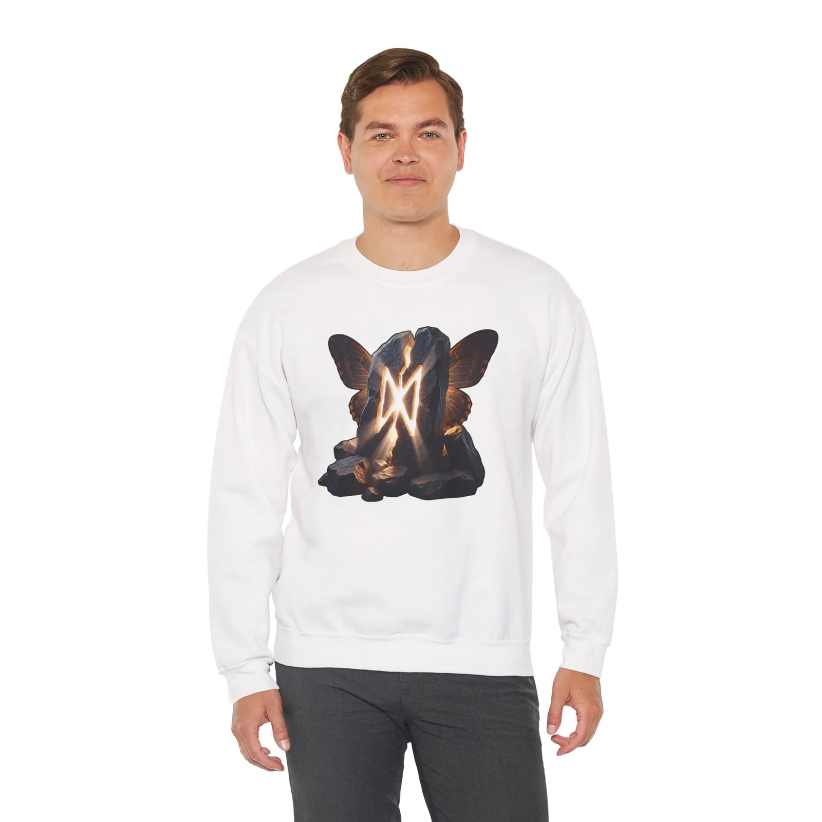 Dagaz Rune Stone Butterfly Sweatshirt - Heavy Blend Cotton Poly Crewneck - Unisex Off-White