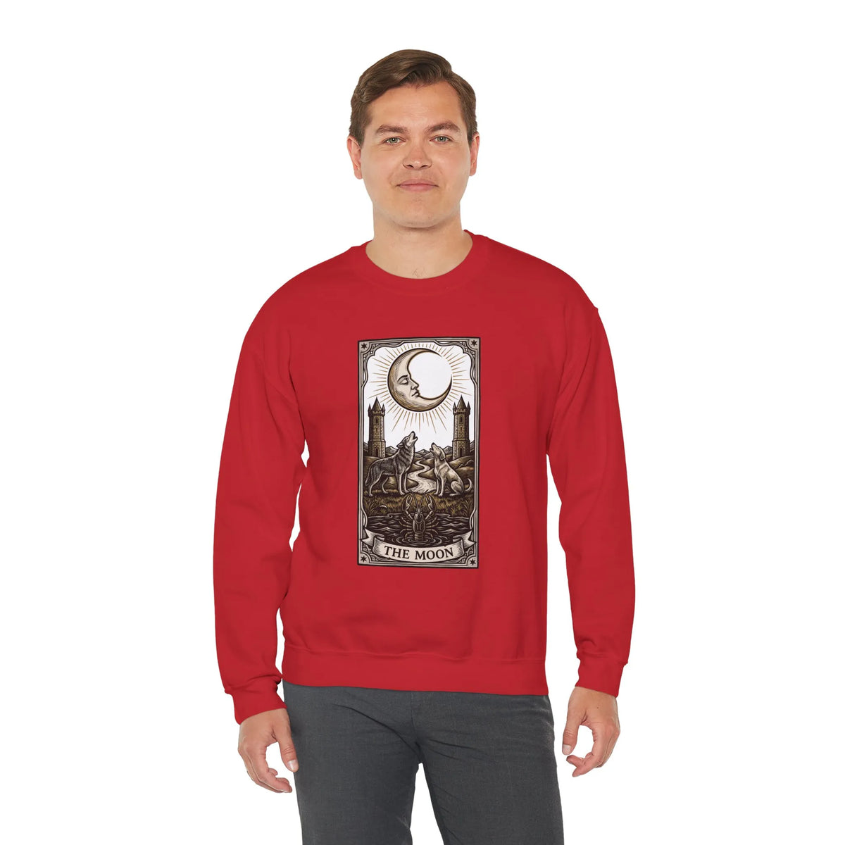 Moon Tarot Card Wolves Graphic Sweatshirt - Heavy Blend Fleece Crewneck - Unisex White