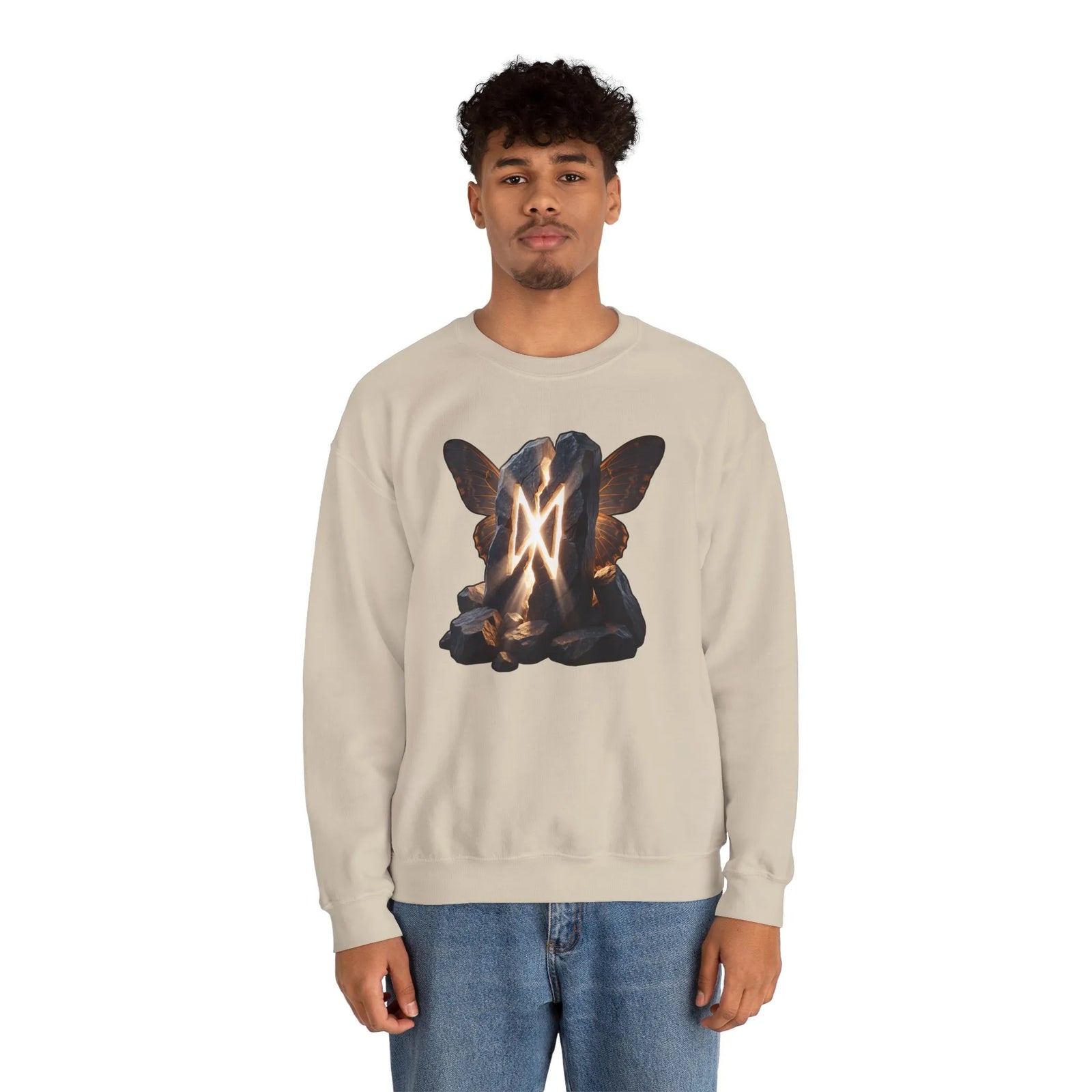 Dagaz Rune Stone Butterfly Sweatshirt - Heavy Blend Cotton Poly Crewneck - Unisex Off-White