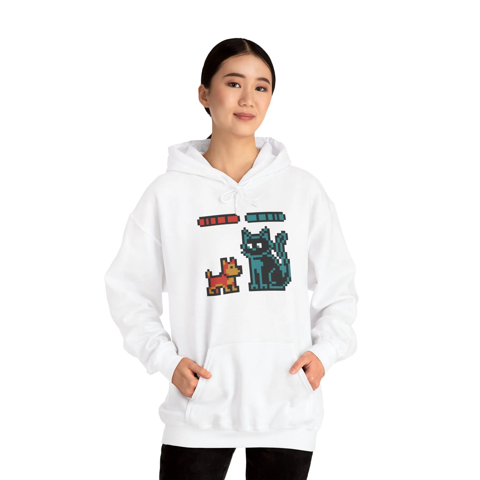 Boss Fight 8-Bit Pixel Gaming Dogs Hoodie - Medium Weight Cotton Blend Pullover - Unisex White