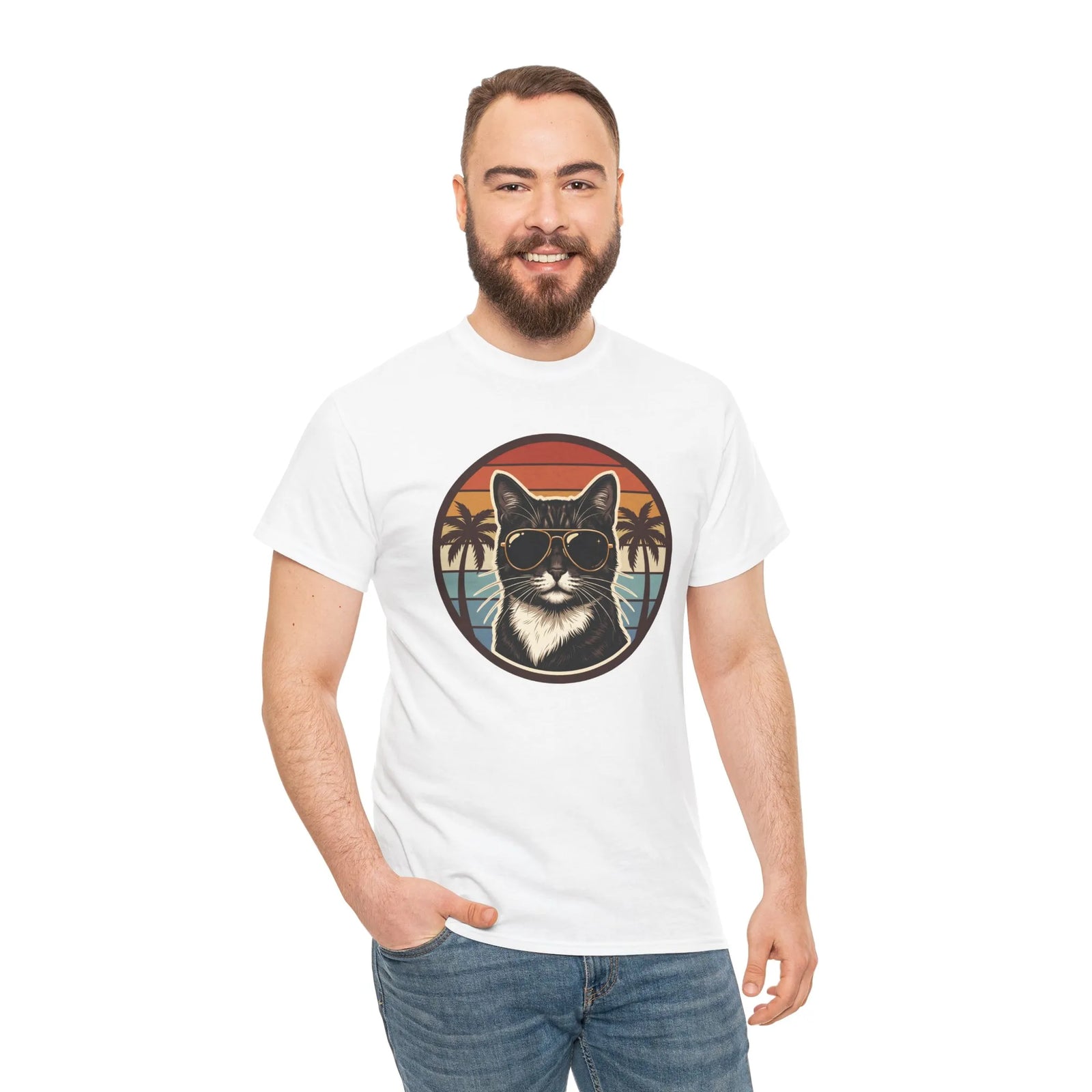 Tuxedo Cool Cats 70s Sunset Aviators T-Shirt - Heavy Cotton Classic Fit Tee - Unisex White