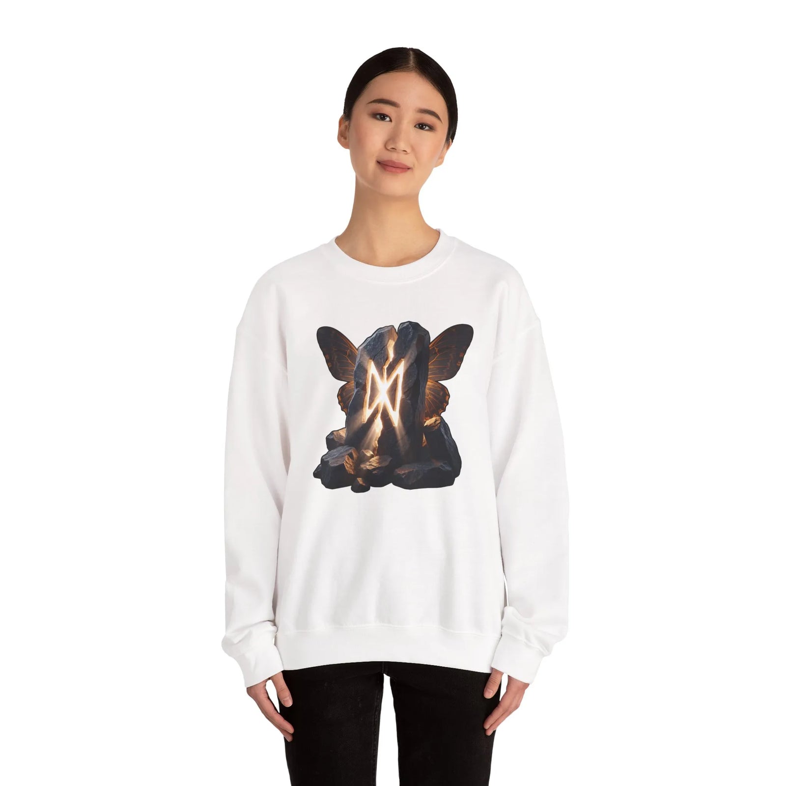 Dagaz Rune Stone Butterfly Sweatshirt - Heavy Blend Cotton Poly Crewneck - Unisex Off-White