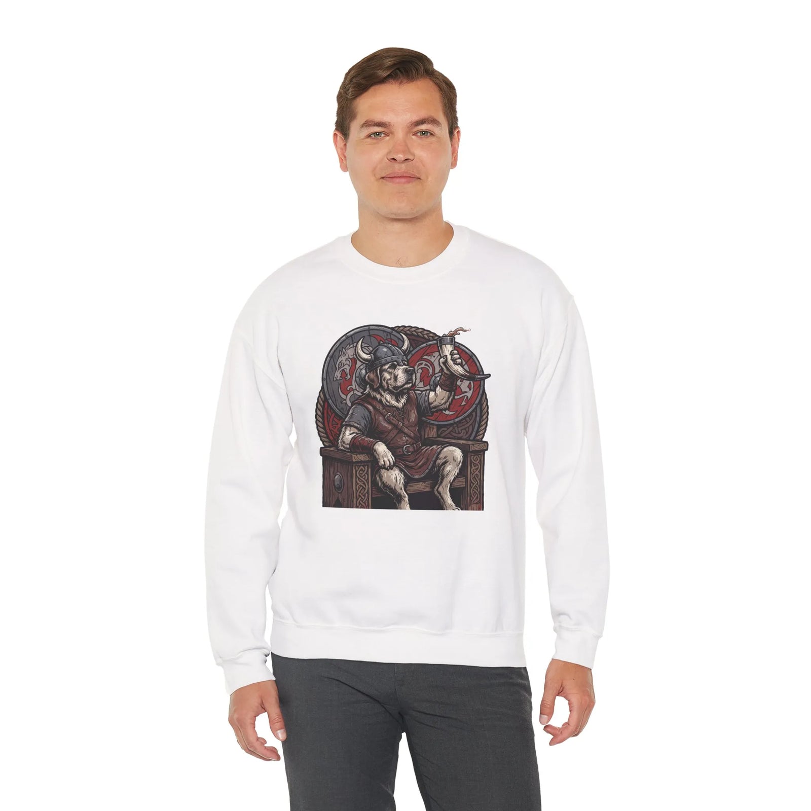 Viking Berserker Dogs Graphic Sweatshirt - Medium Weight Cotton Poly Crewneck - Unisex White