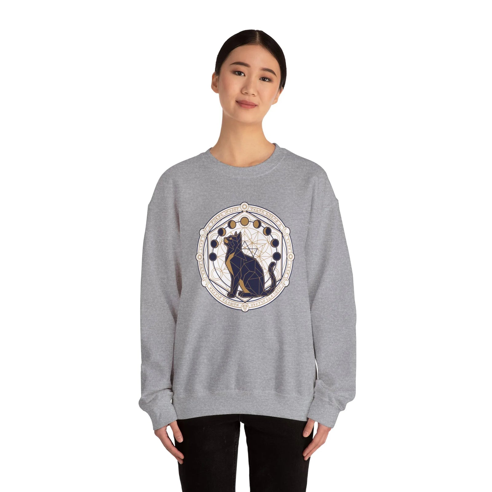 Moon Phases Sacred Geometry Cat Sweatshirt - Heavy Blend Cotton Polyester Crewneck - Unisex White