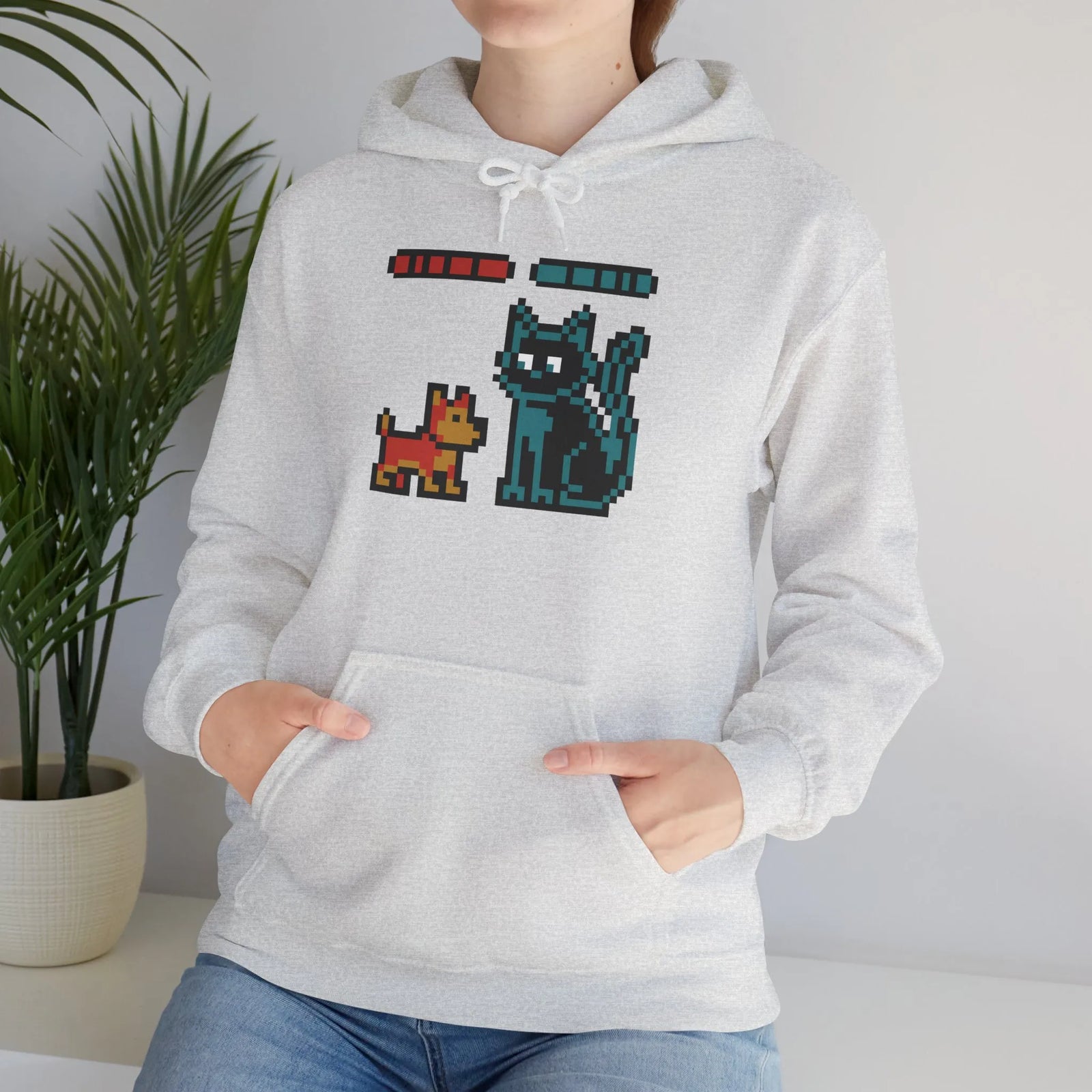Boss Fight 8-Bit Pixel Gaming Dogs Hoodie - Medium Weight Cotton Blend Pullover - Unisex White