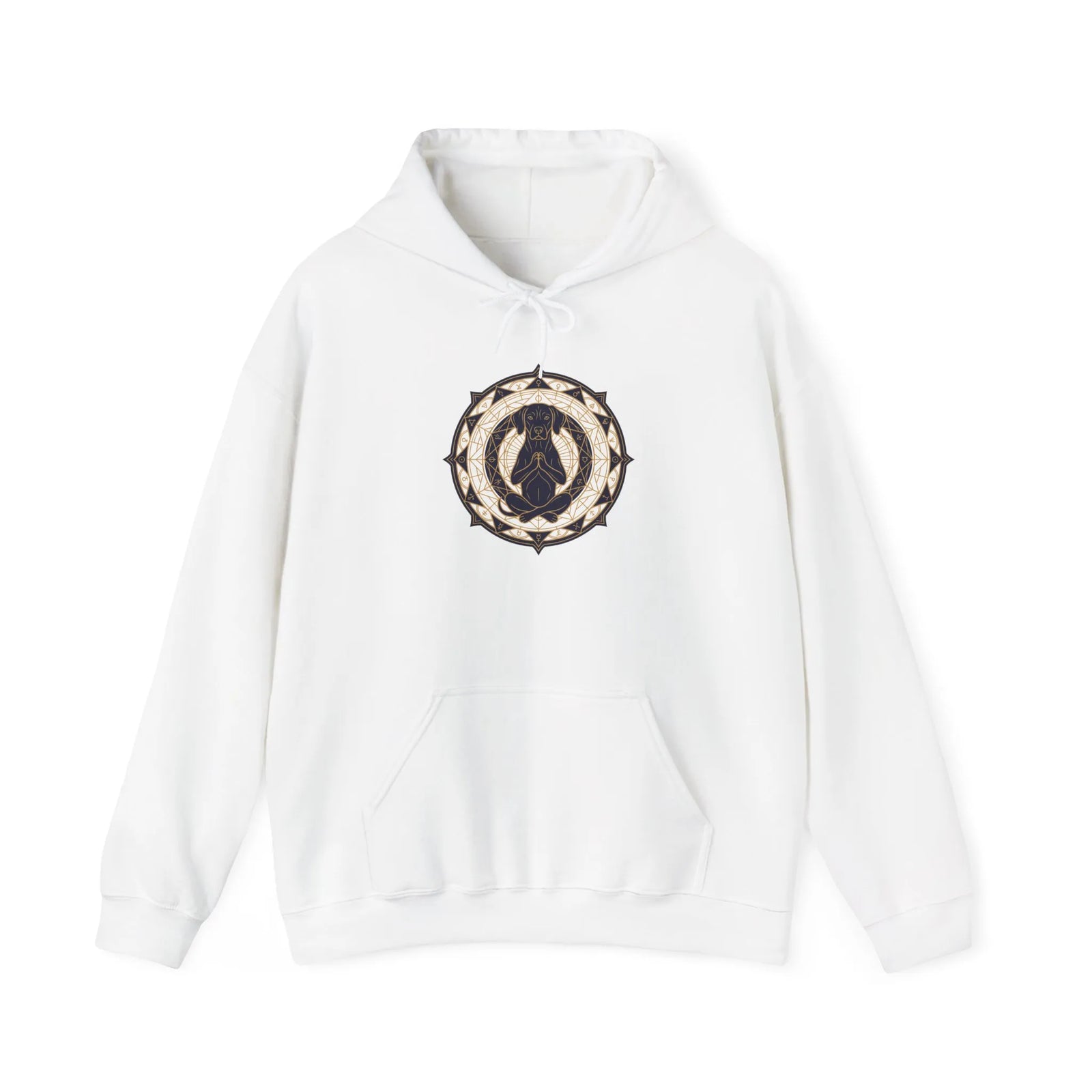 Meditating Dog Sacred Geometry Hoodie - Heavy Blend Cotton Poly Fleece - Unisex White