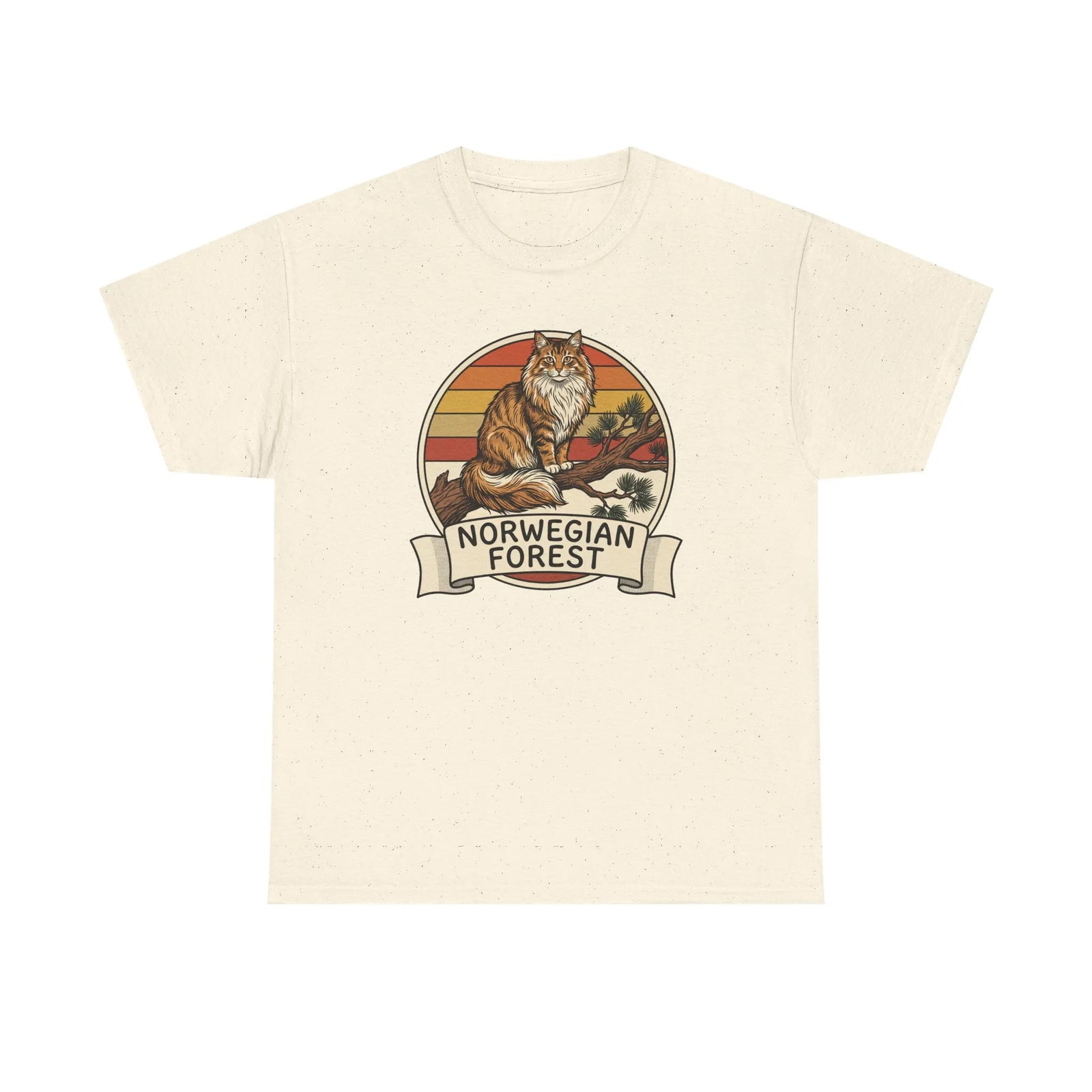 Norwegian Forest Cat Retro Sunset T-Shirt - Heavy Cotton Classic Fit Tee - Unisex White