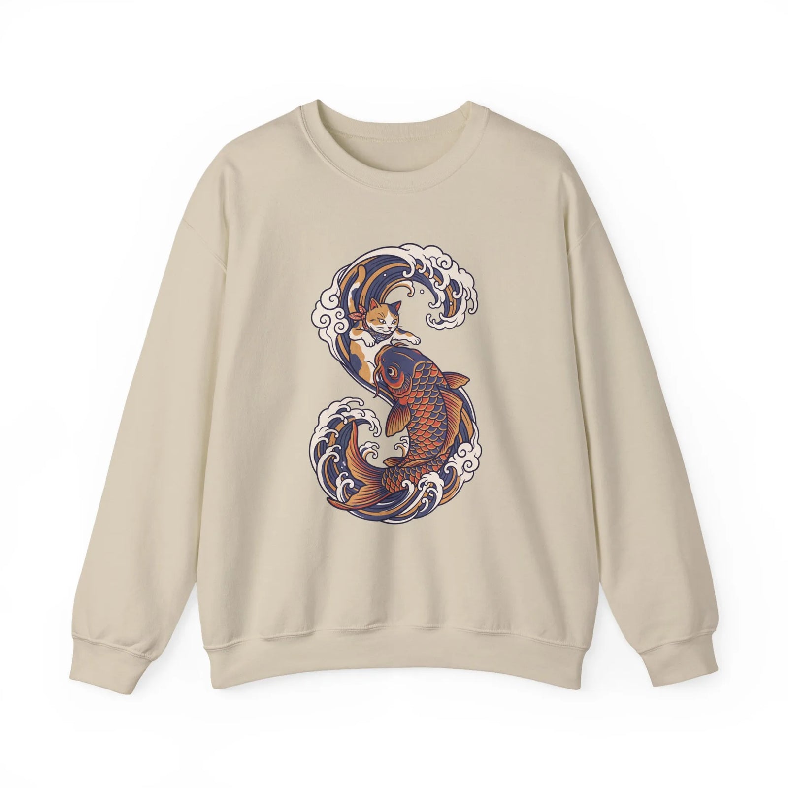 Koi Rider Ukiyo-e Samurai Cats Sweatshirt - Heavy Blend Fleece Crewneck - Unisex Ash