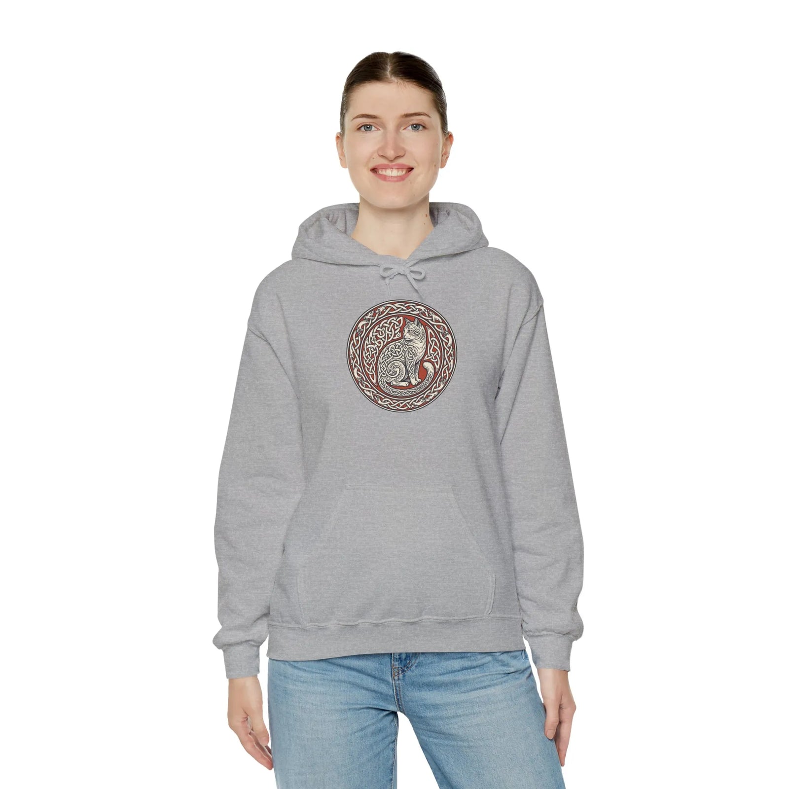 Freyja's Sacred Cat Woodcut Hoodie - Heavy Blend Cotton Poly Pullover - Unisex White