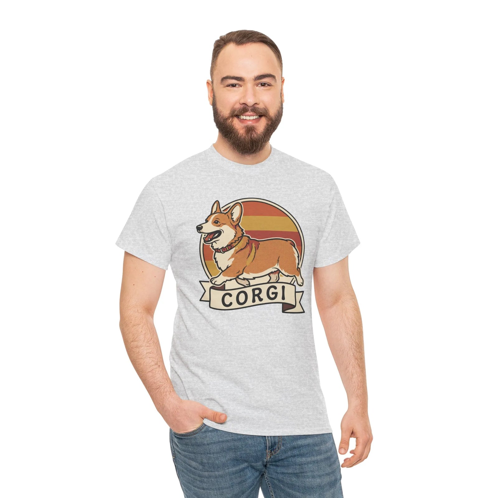 Corgi Retro 70s Sunset T-Shirt - Heavyweight Cotton Classic Fit Tee - Unisex White