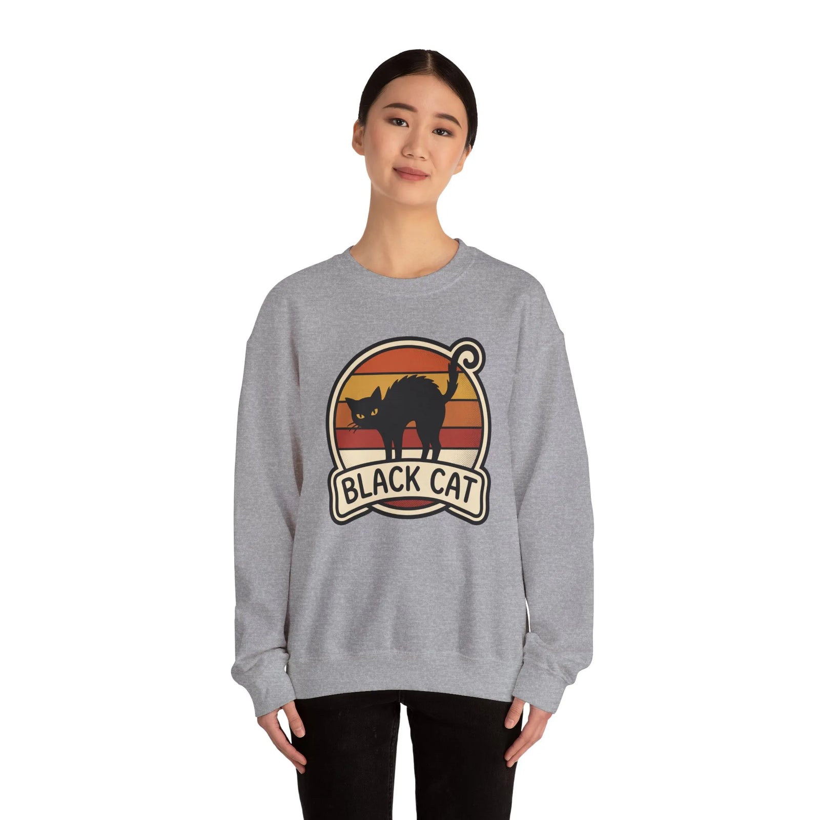 Black Cat Retro Sunset Sweatshirt - Heavy Blend Crewneck Fleece - Unisex White