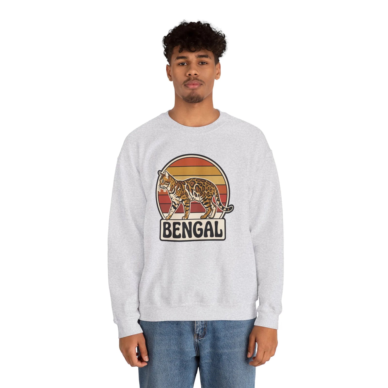 Bengal Cat Retro Sunset Sweatshirt - Classic Fit Heavy Blend Crewneck - Unisex White