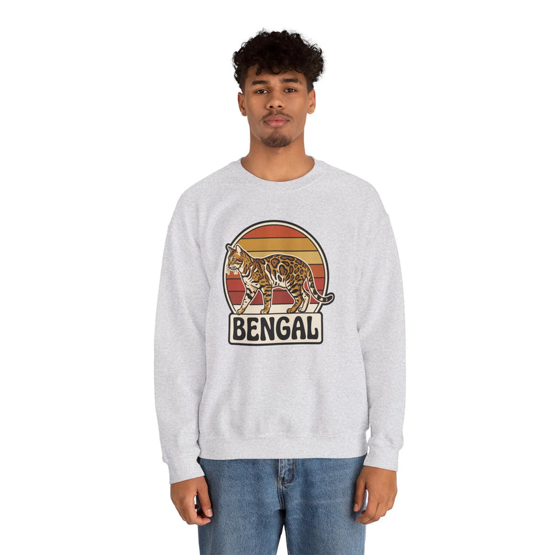 Bengal Cat Retro Sunset Sweatshirt - Classic Fit Heavy Blend Crewneck - Unisex White