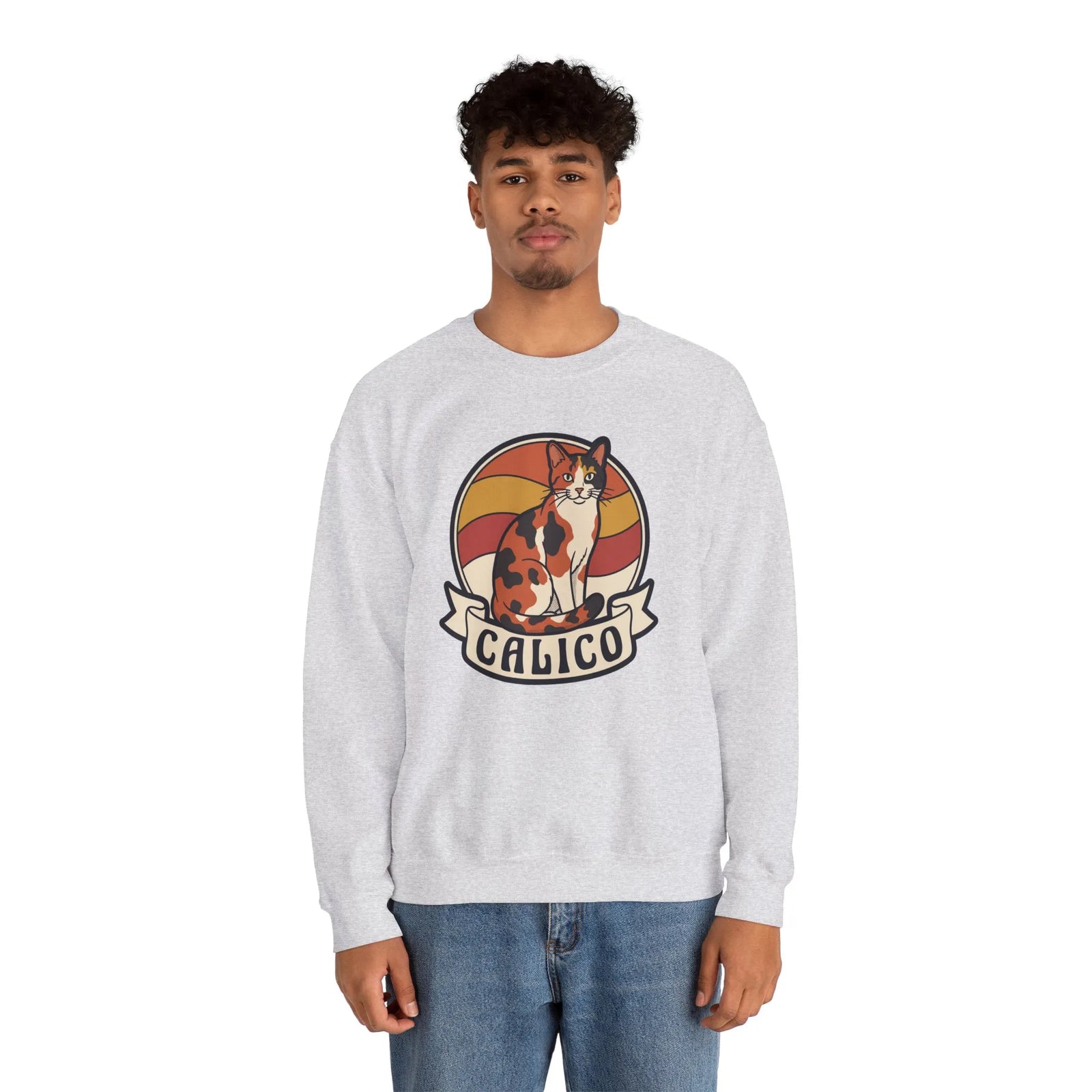 Calico Cat Retro 70s Sunset Sweatshirt - Heavy Blend Classic Fit Fleece - Unisex White