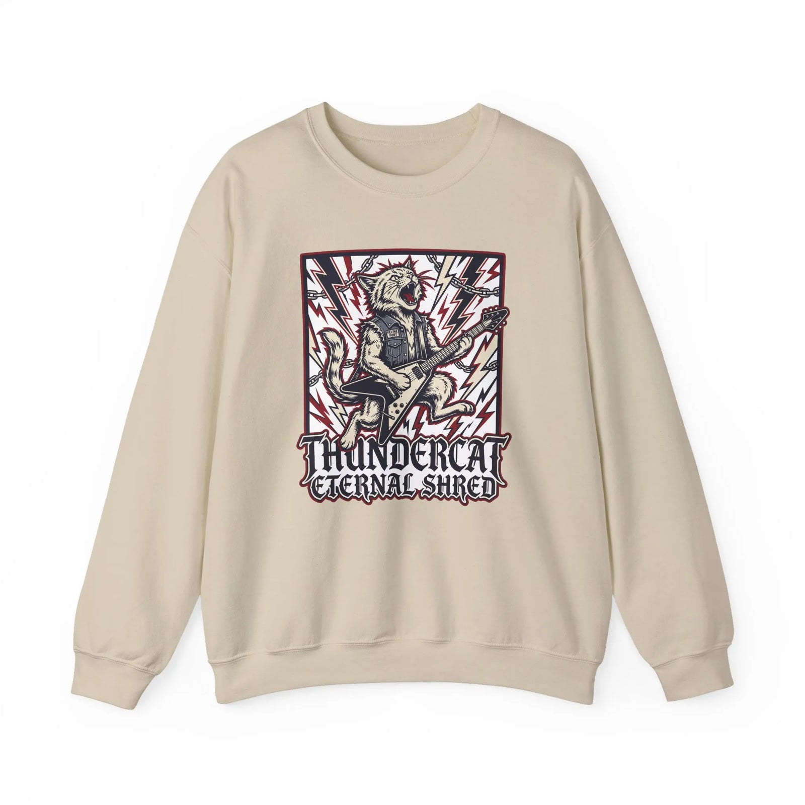 Heavy Metal Rocker Cat Sweatshirt - Heavy Blend Fleece Crewneck - Unisex White