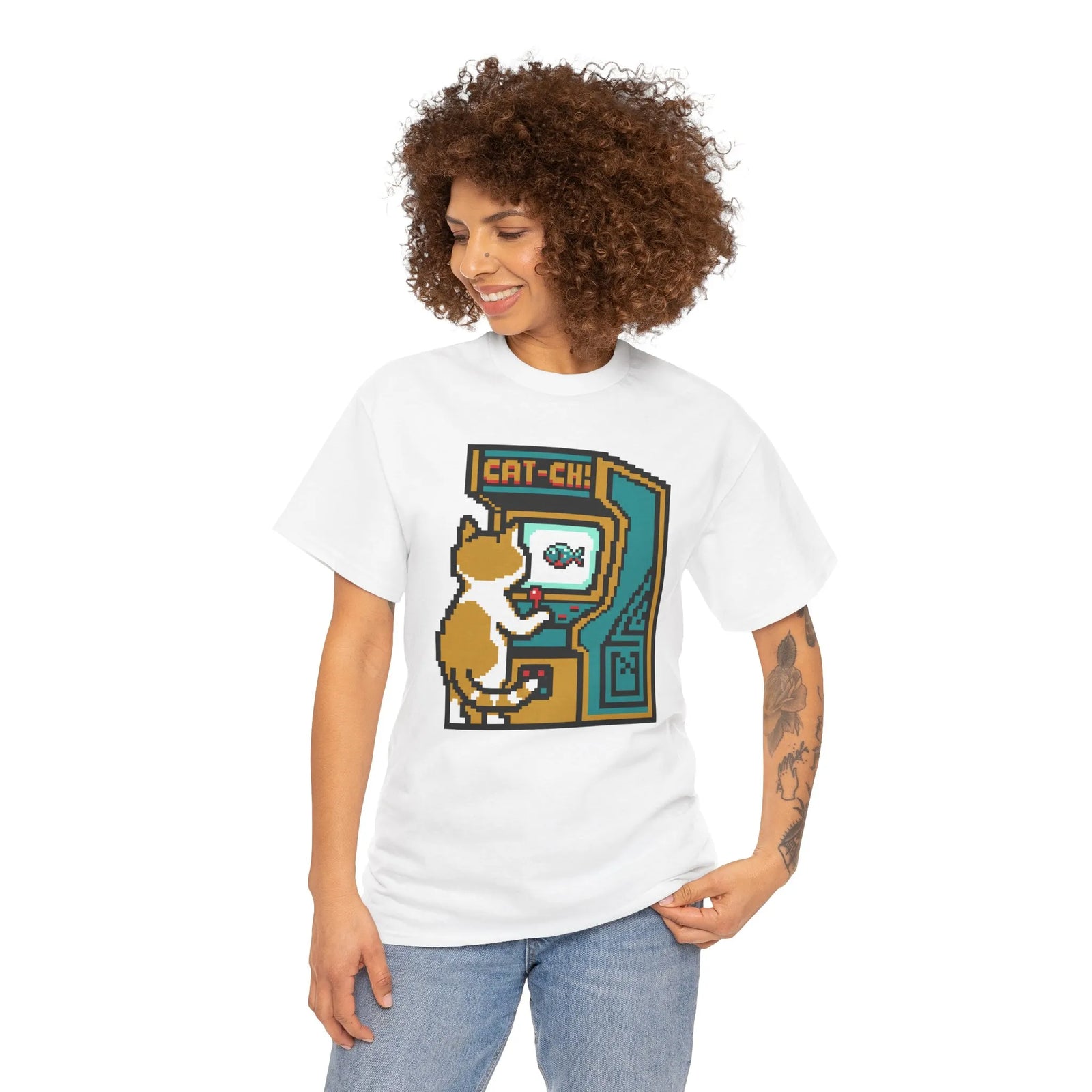 8-Bit Pixel Gaming Cats Arcade T-Shirt - Heavy Cotton Classic Fit Tee - Unisex White