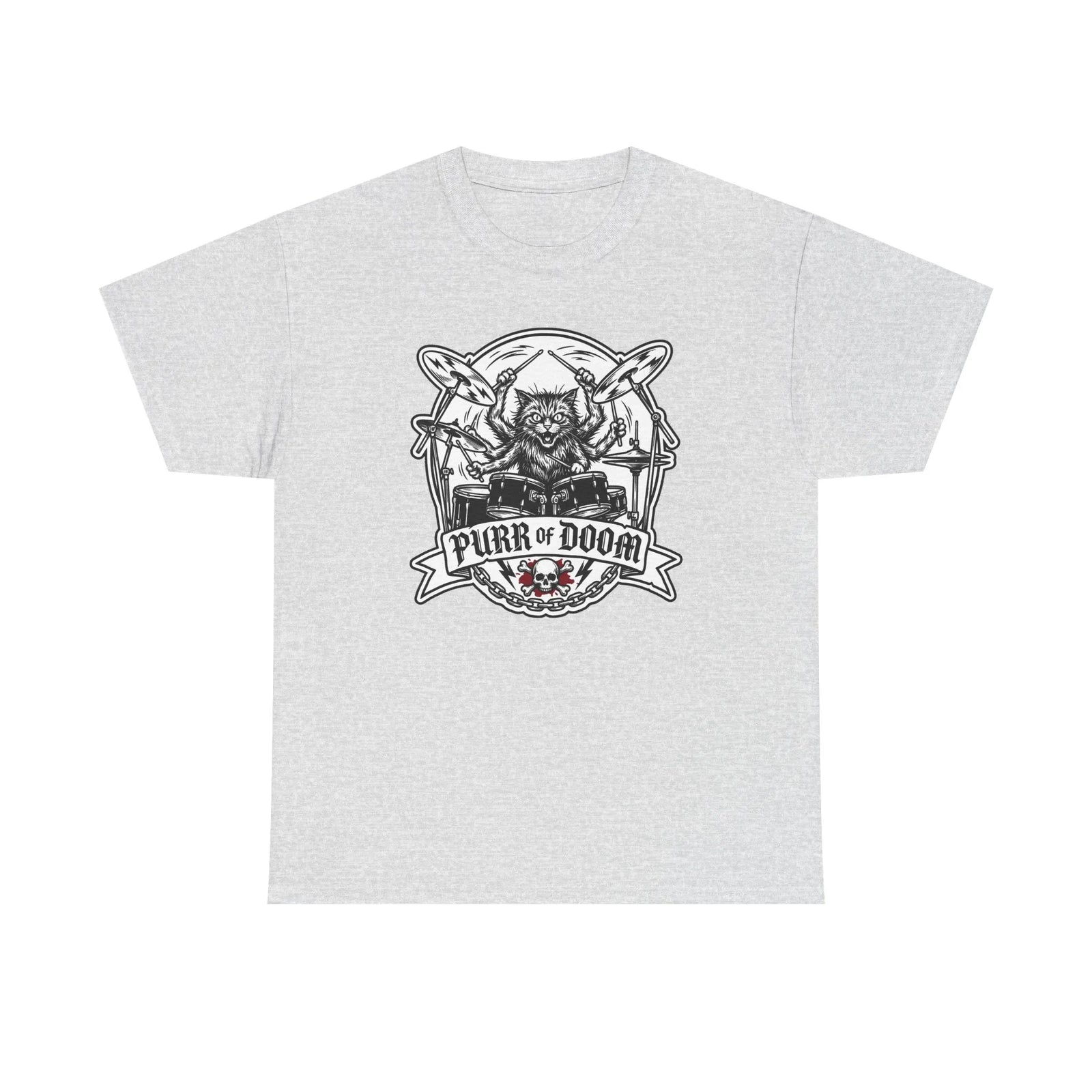 Heavy Metal Rocker Cat Drummer T-Shirt - Heavy Cotton Classic Fit Tee - Unisex White