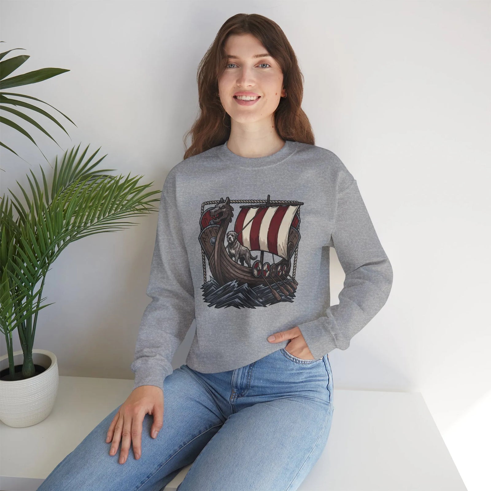 Viking Berserker Dogs Longship Prow Sweatshirt - Heavy Blend Cotton Poly Crewneck - Unisex White