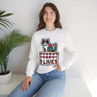 Nine Lives 8-Bit Pixel Gaming Cat Sweatshirt - Heavy Blend Fleece Crewneck - Unisex White
