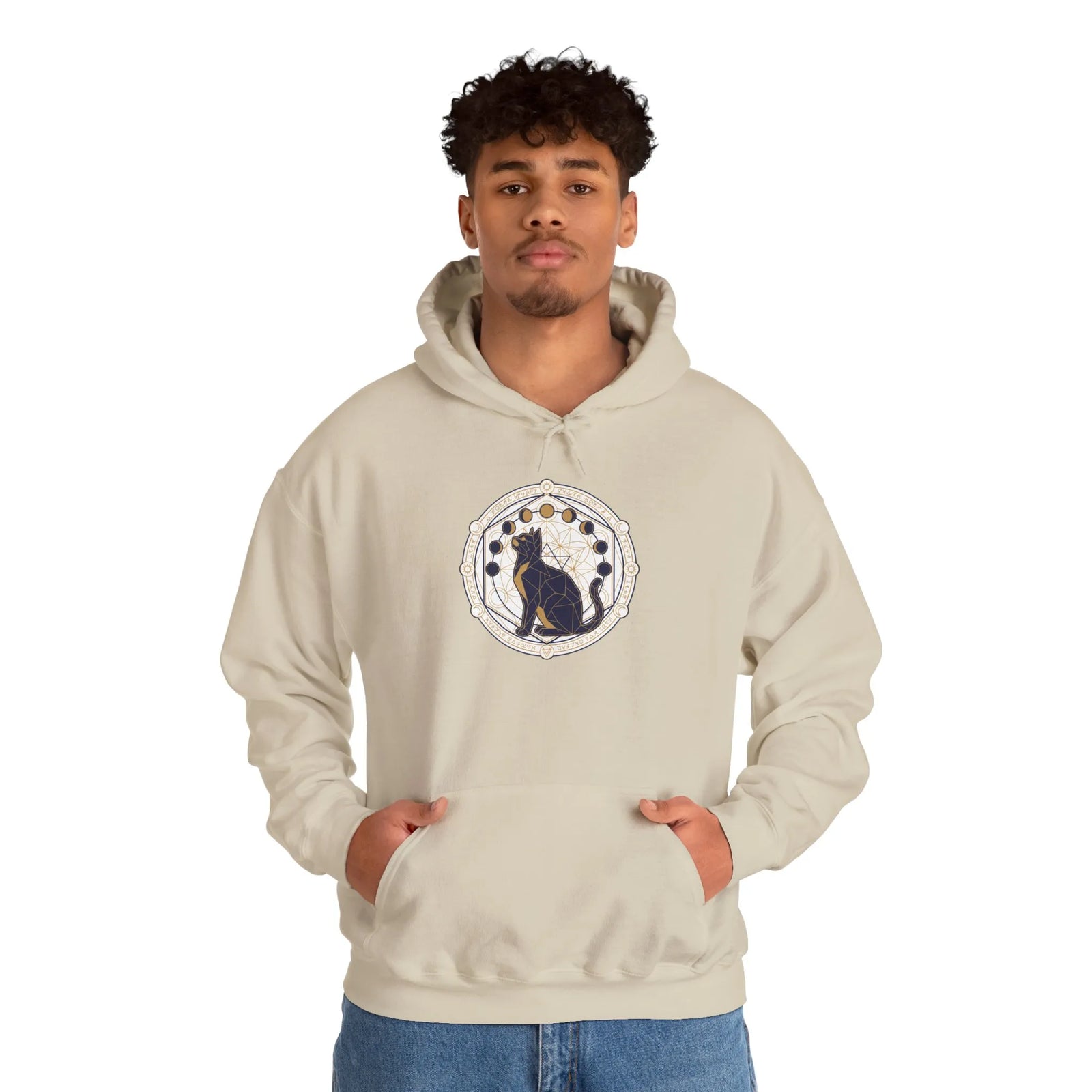 Moon Phases Sacred Geometry Cat Hoodie - Soft Fleece Pullover - Unisex White