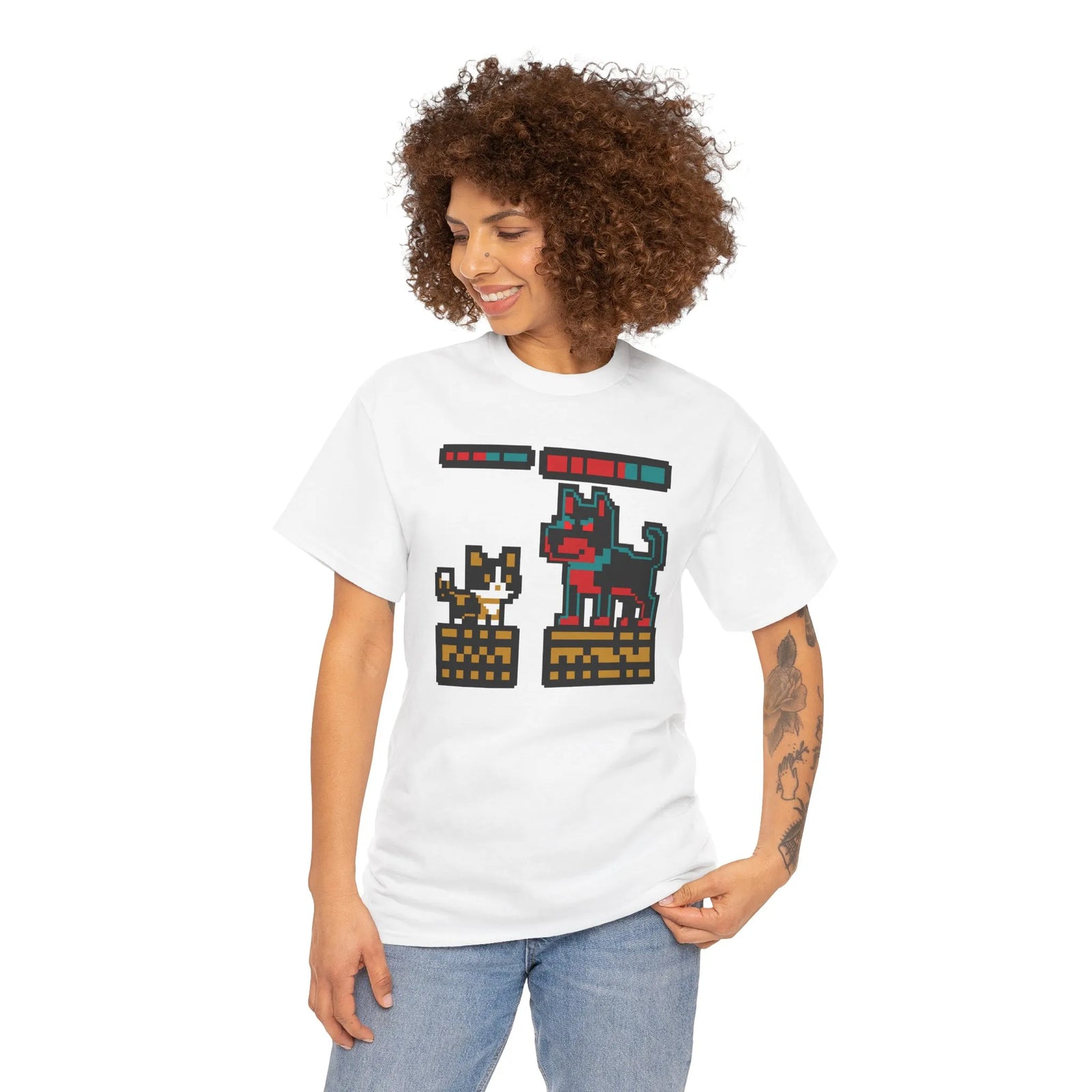 8-Bit Pixel Gaming Cats Boss Fight T-Shirt - Heavy Cotton Classic Fit Tee - Unisex White