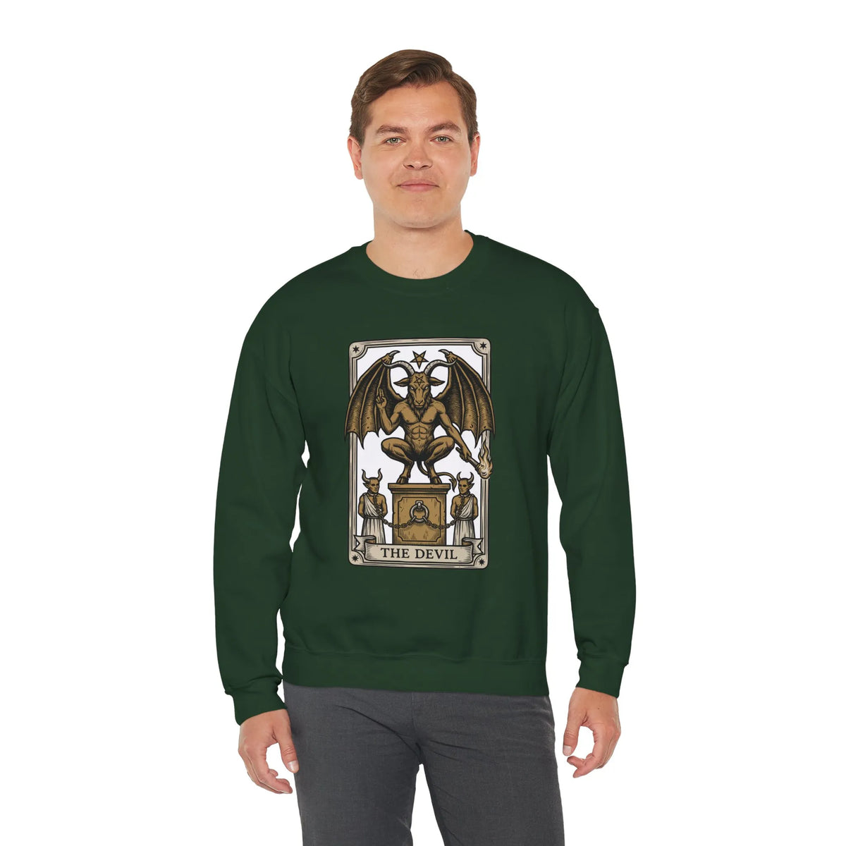 Devil Tarot Card Graphic Sweatshirt - Heavy Blend Fleece Crewneck - Unisex White