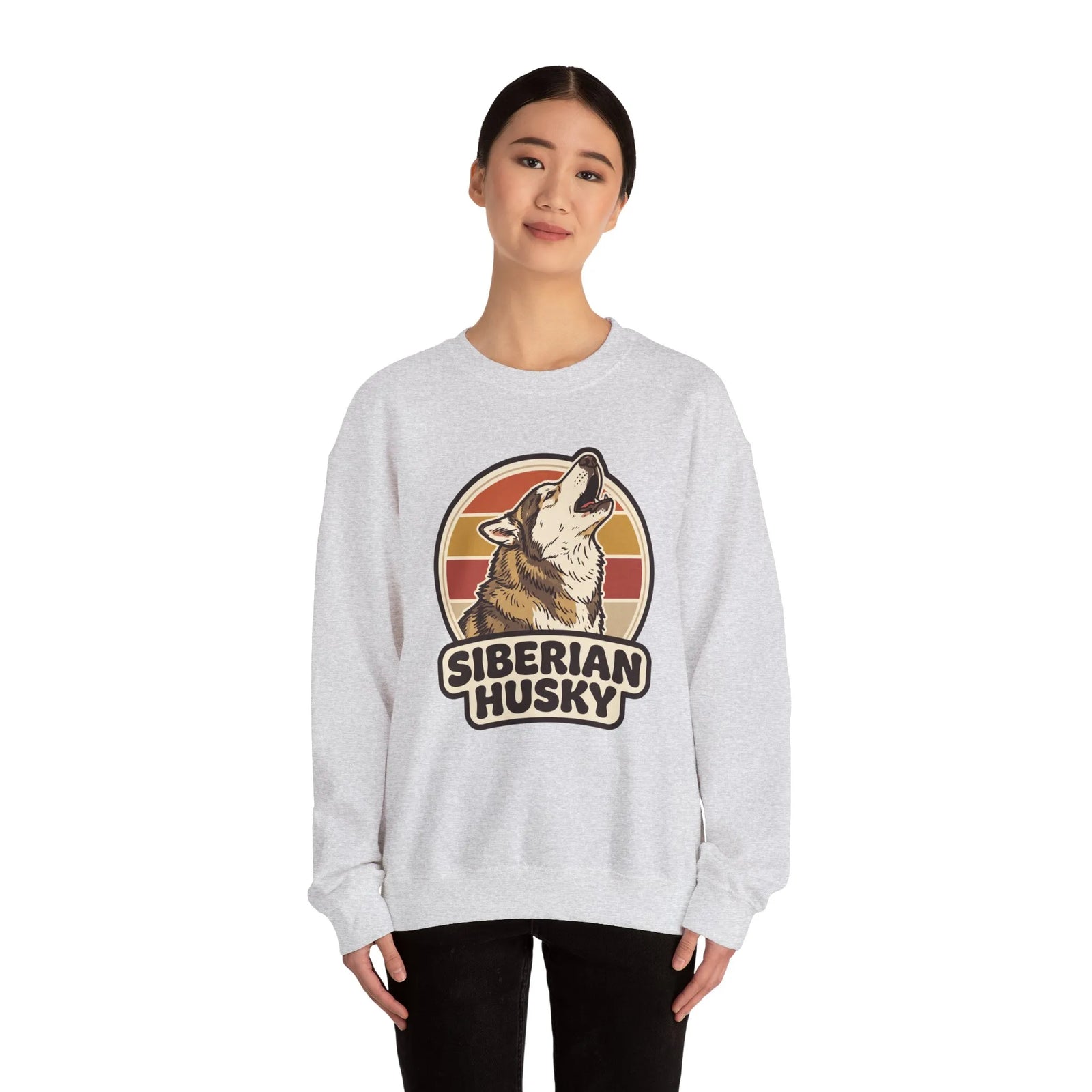 Siberian Husky Retro Sunset Sweatshirt - Heavy Blend Fleece Crewneck - Unisex White