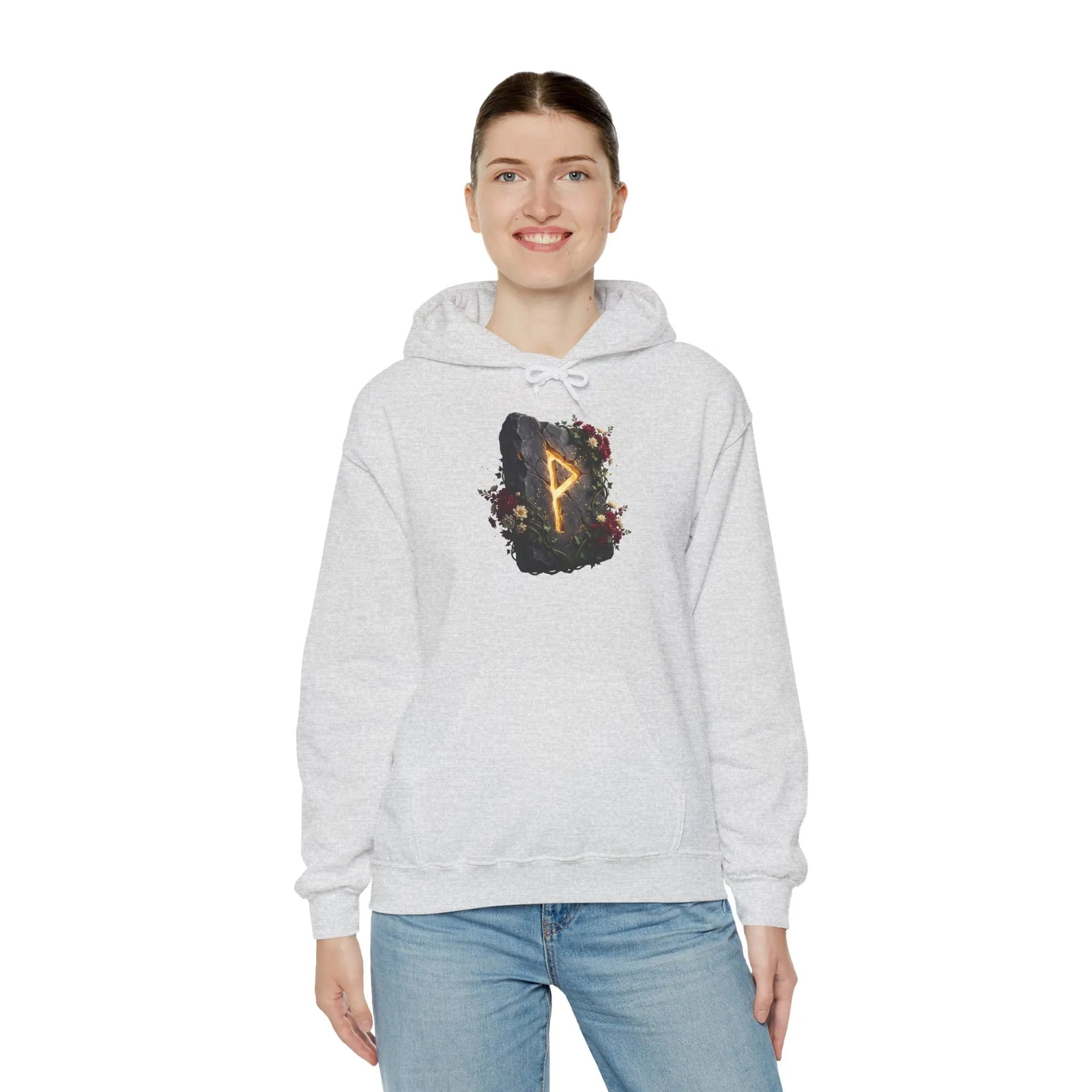 Wunjo Rune Floral Rock Graphic Hoodie - Warm Fleece Pullover Sweatshirt - Unisex White