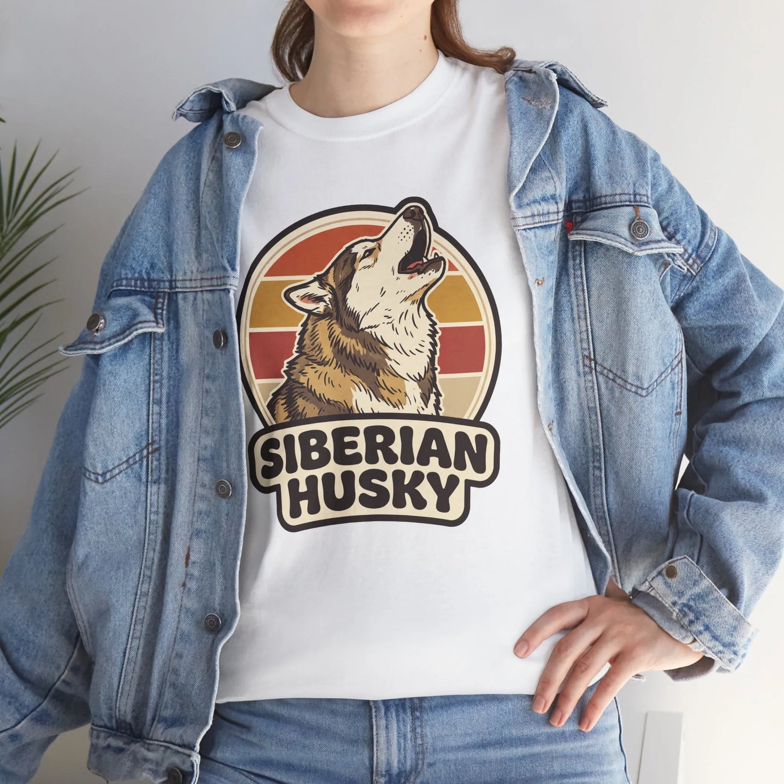 Siberian Husky Retro Sunset T-Shirt - Heavy Cotton Classic Fit Tee - Unisex White